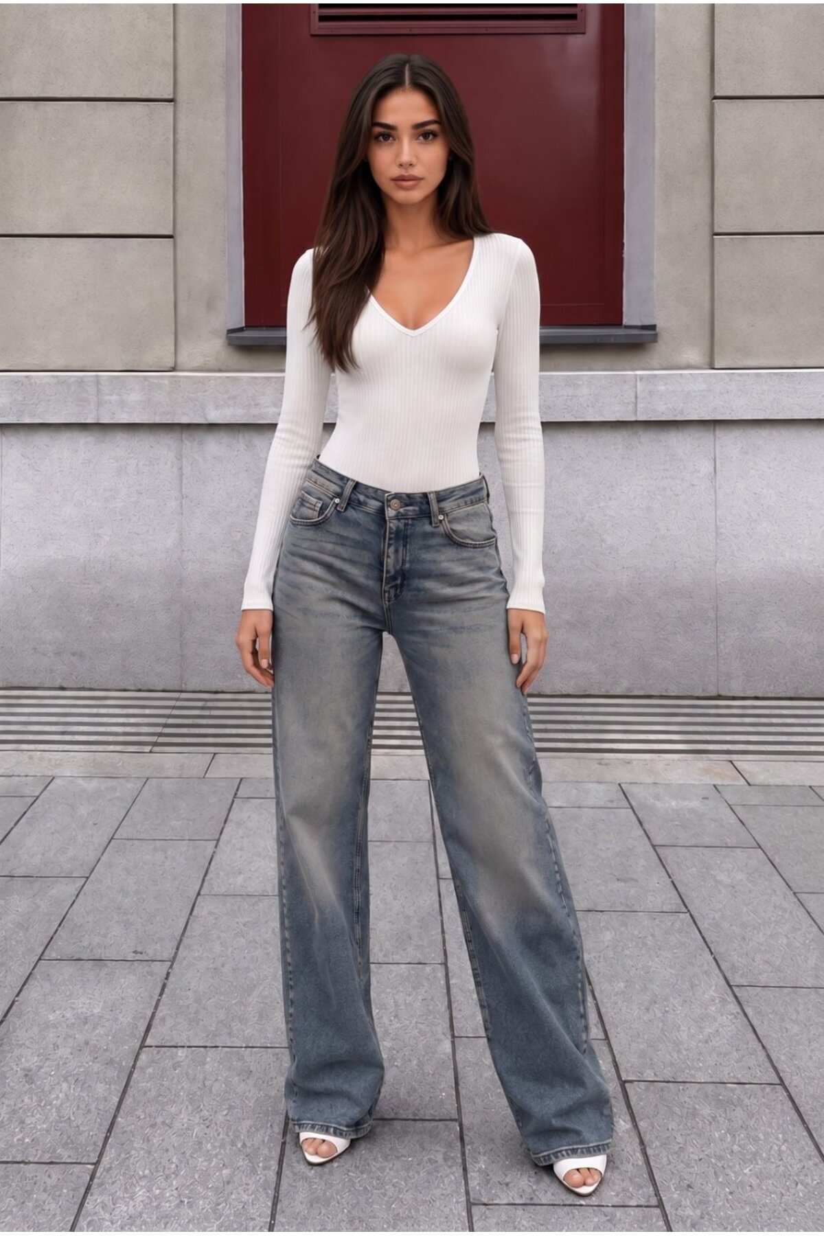 Gök Mavi Soluk Efekt Vintage Yüksek Bel Wide Leg Geniş Paça with Lycra Jeans 6