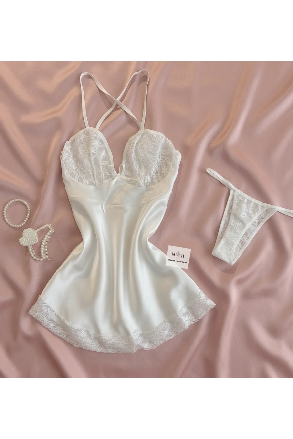 MH Moony Homewears 2'li Beyaz Ekstra Mini Saten Gecelik I?ç Giyim Seti