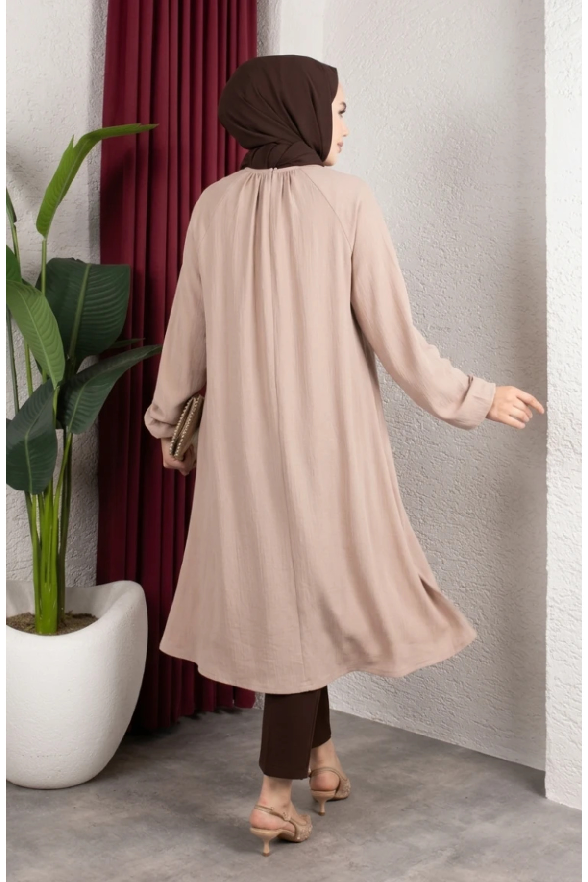 sefamerve Bürümcük Kumaş Reglan Kol Uzun Tunik 0902-06 Bej görsel 5