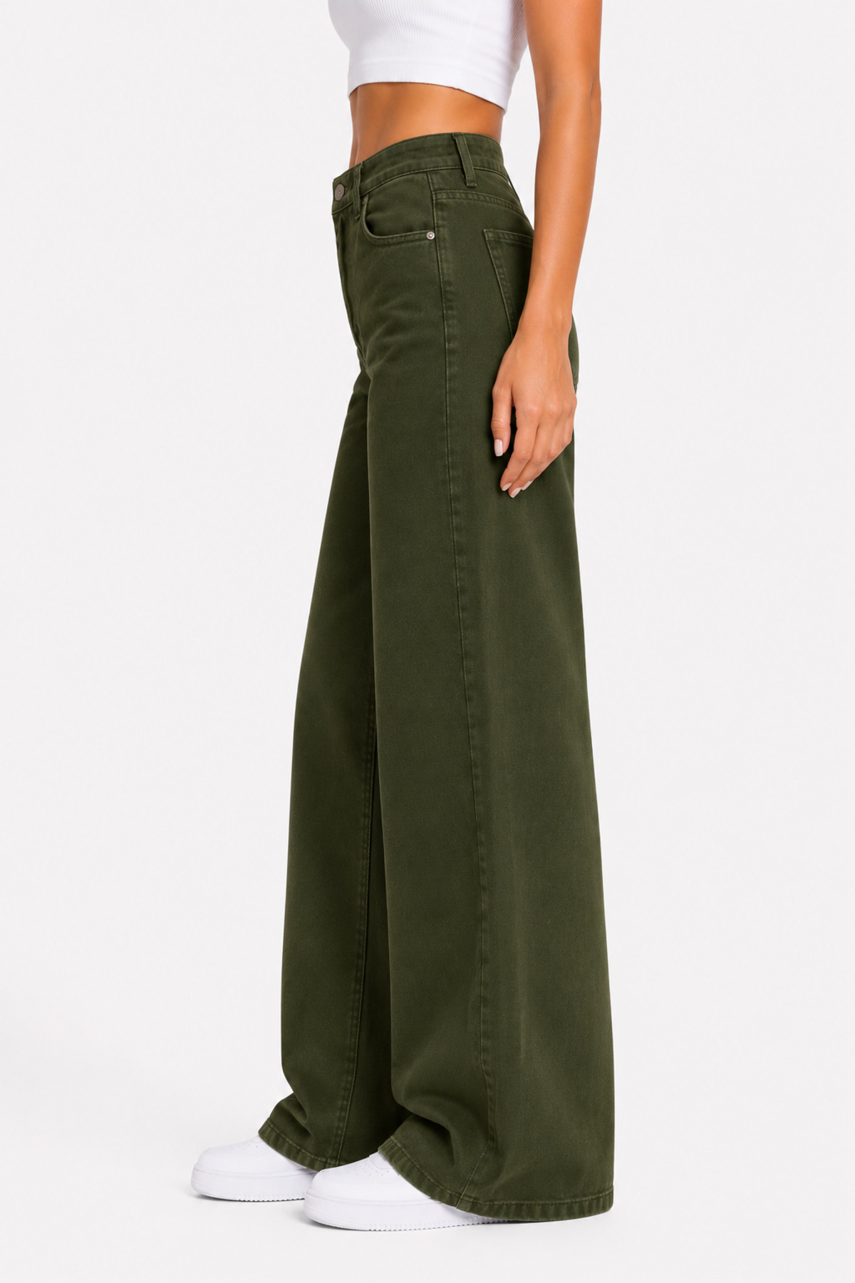 Lighter Jeans Kadın Haki Yüksek Bel Wide Leg Straight Fit Palazzo Bol Paça Esnek Denim Pantolon görsel 2