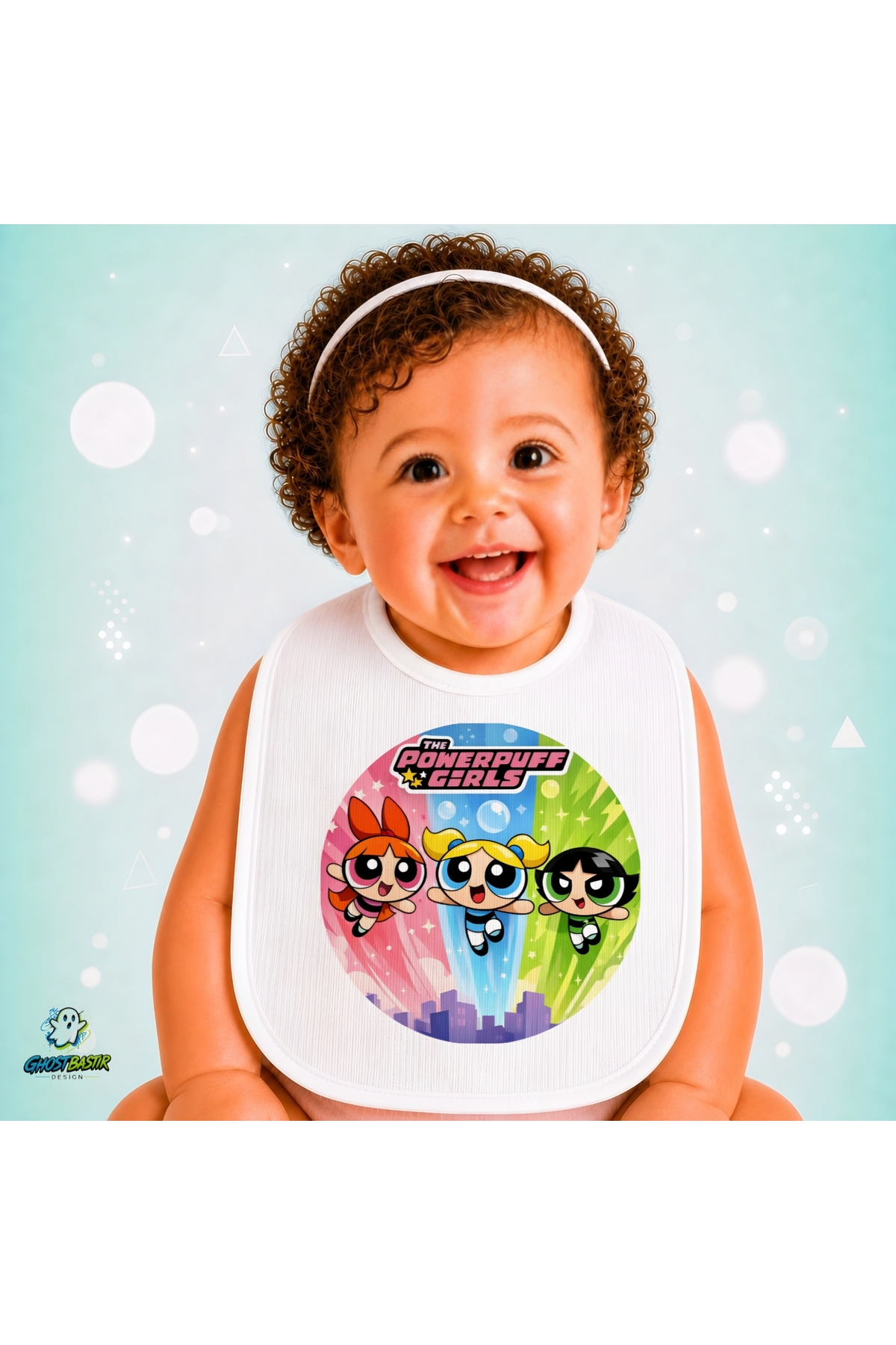 Powerpuff Girls Keten Bebek Mama Önlüğü – Yumuşak, Emici, Yıkanabilir, Özel Tasarım P163