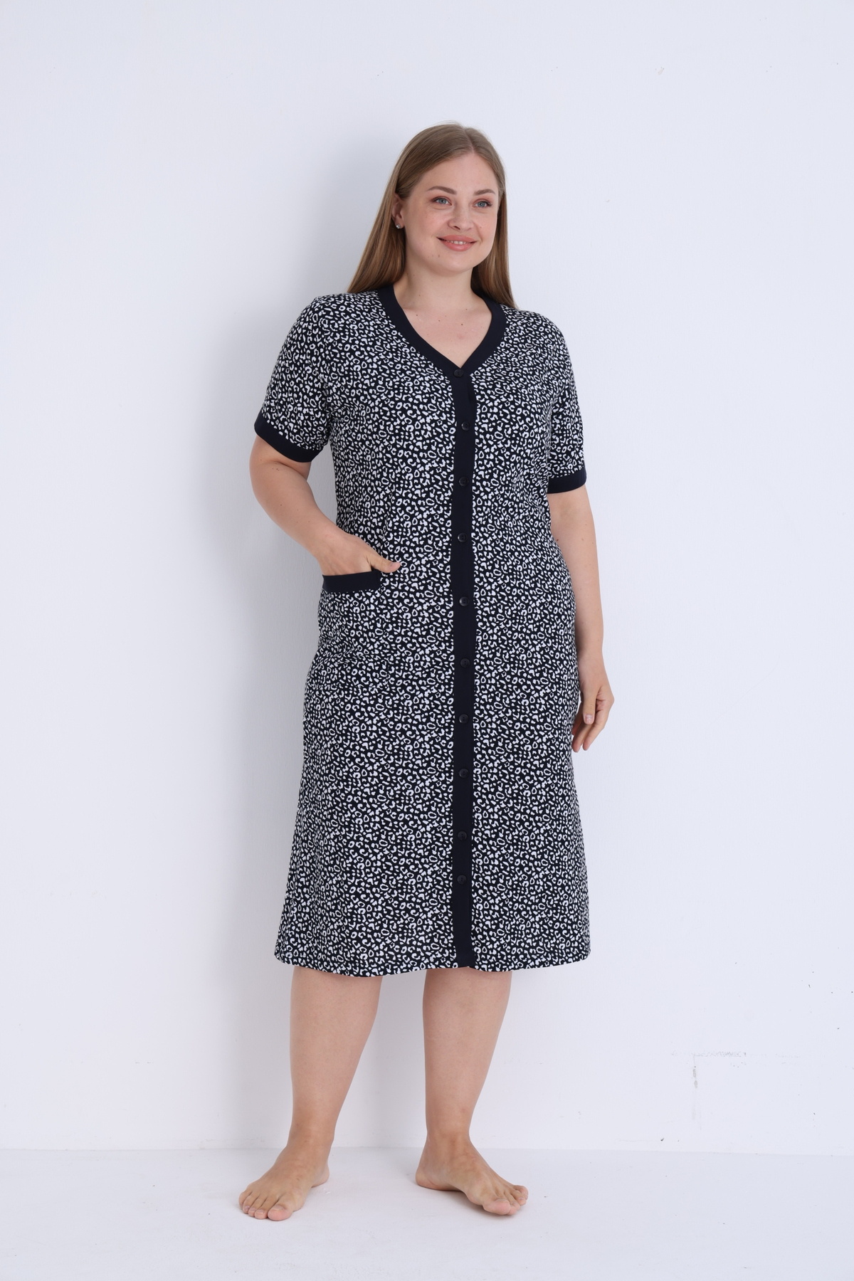 ROMEO LİFE Kadın Büyük Beden %100 Pamuklu Penye Kumaş Düğmeli Yazlık Elbise / Leopar-Laci 4180 görsel 3