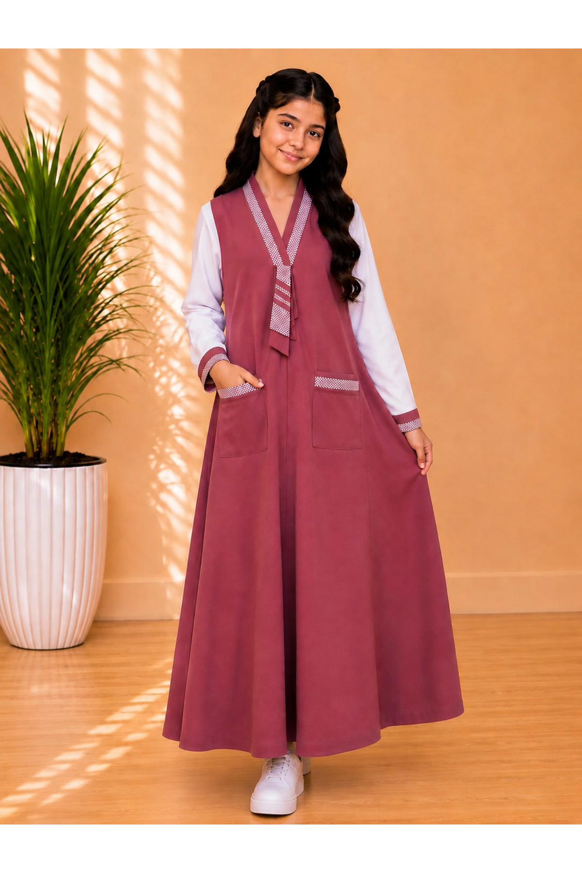 Girls' Primary School Uniform - 1 Piece with Sewn Tie | Meat Color | Model V