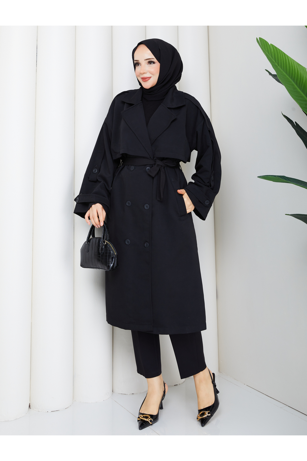 RACE FASHİON Kadın Oversize Düğmeli Tesettür Trençkot RC3111 görsel 4