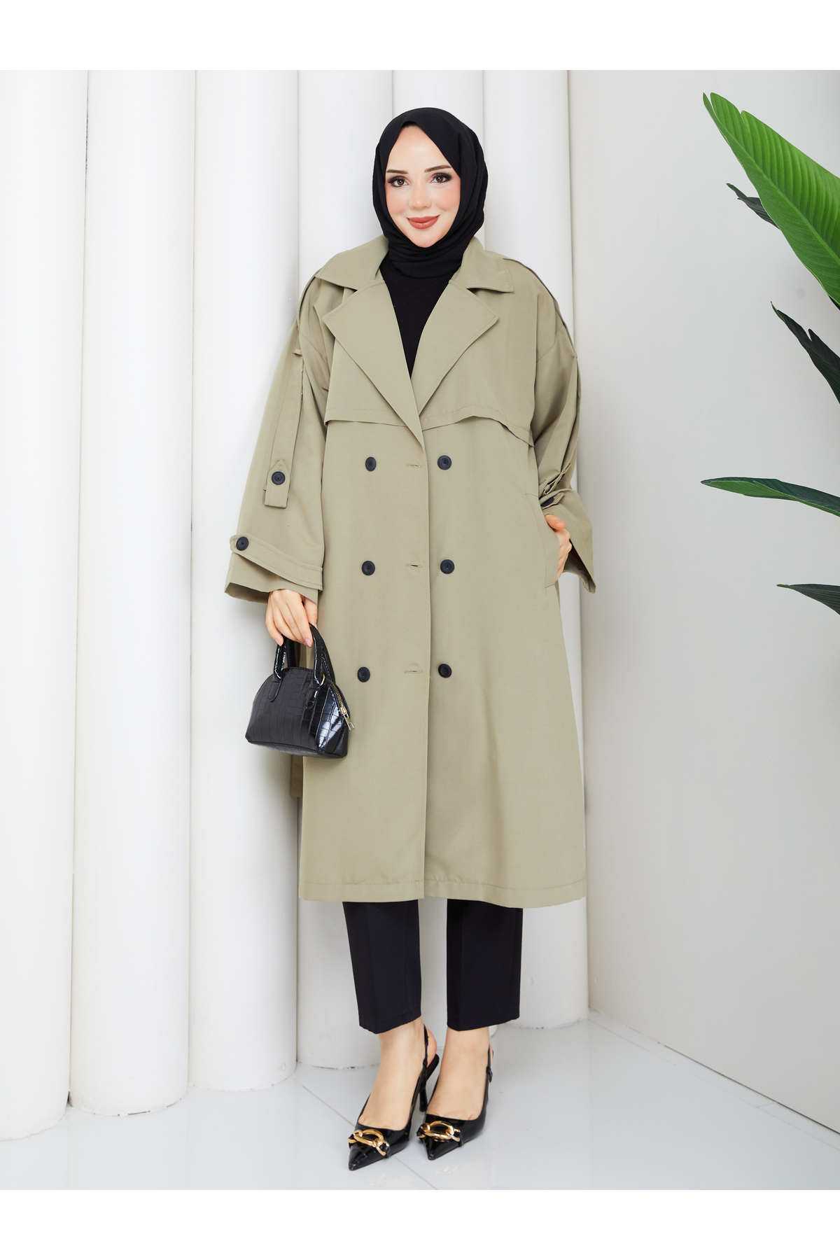 RACE FASHİON Kadın Oversize Düğmeli Tesettür Trençkot RC3111