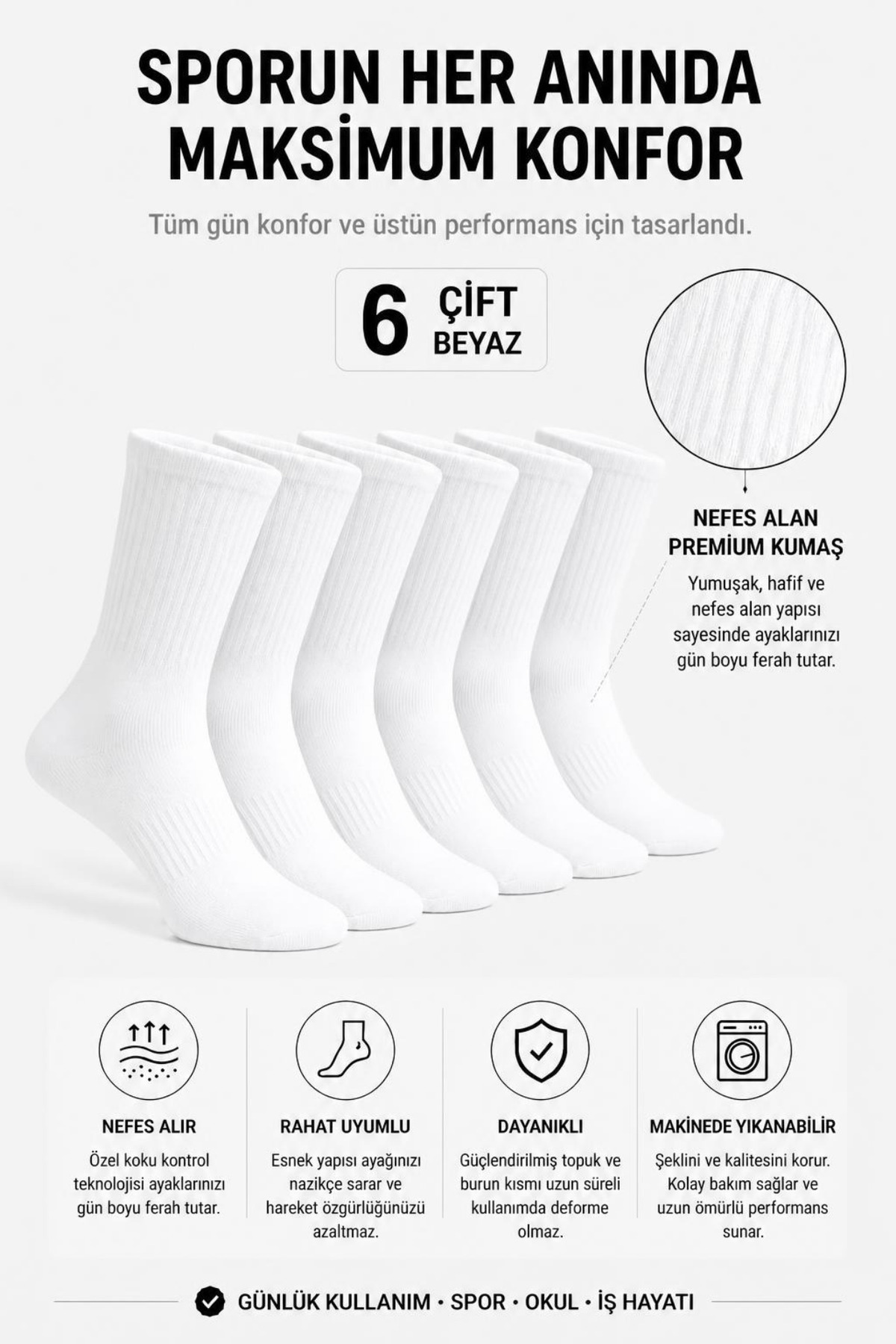 TreBears 6’lı Paket Unisex Düz Spor Tenis Çorap Seti, Nefes Alabilir Pamuklu Doku, Güçlendirilmiş Topuk & Burun, Düz Kolej Çorabı