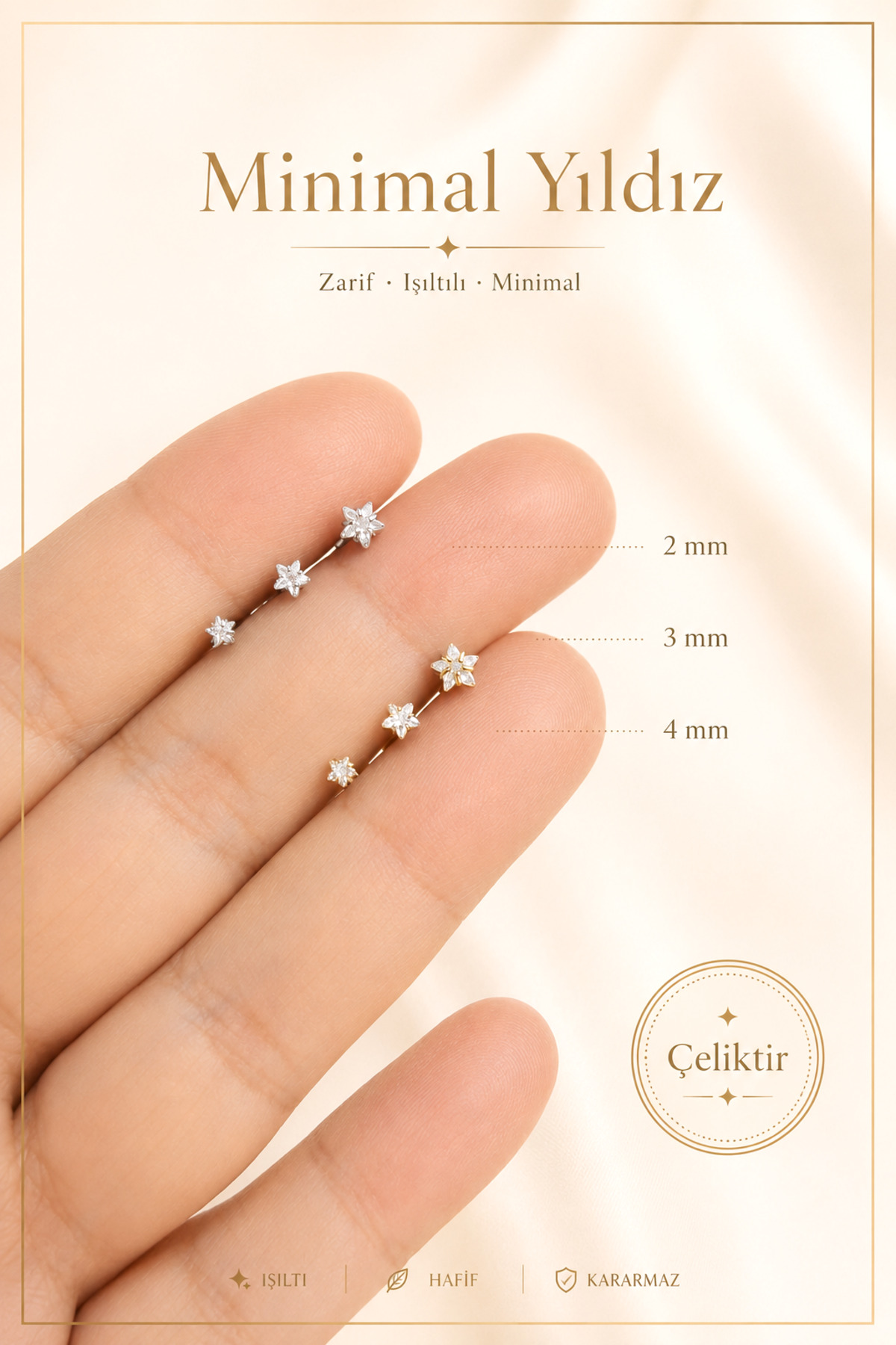 Sacce Scarves&Accessories 316L Çelik Minimal Yıldız Zirkon Taşlı Piercing 2 Adet, 8 mm Bar görsel 6