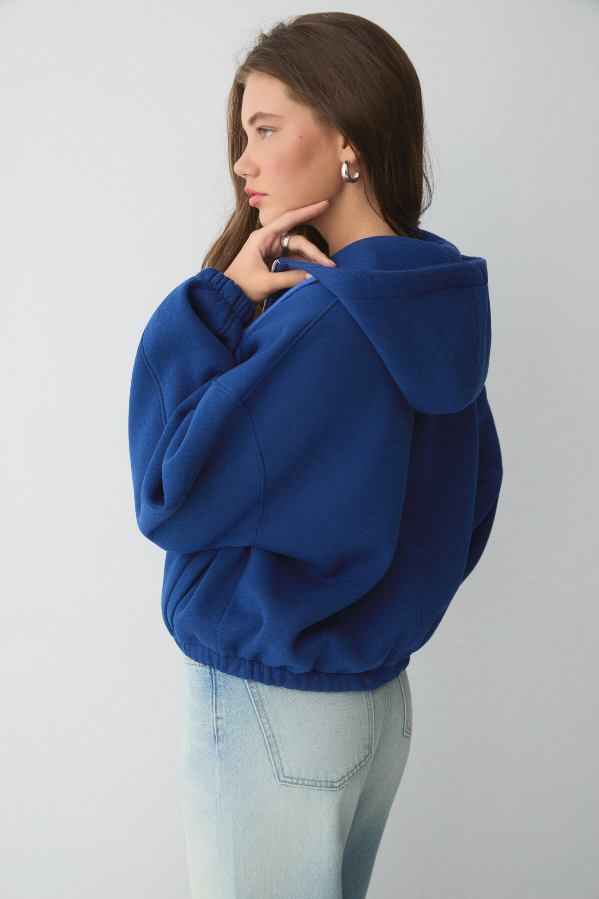 ETHIQUET VALIT Kadın Çift Cepli Eteği Ve Kol Ucu Lastikli Fermuarlı Oversize Saks Mavi Sweatshirt görsel 5