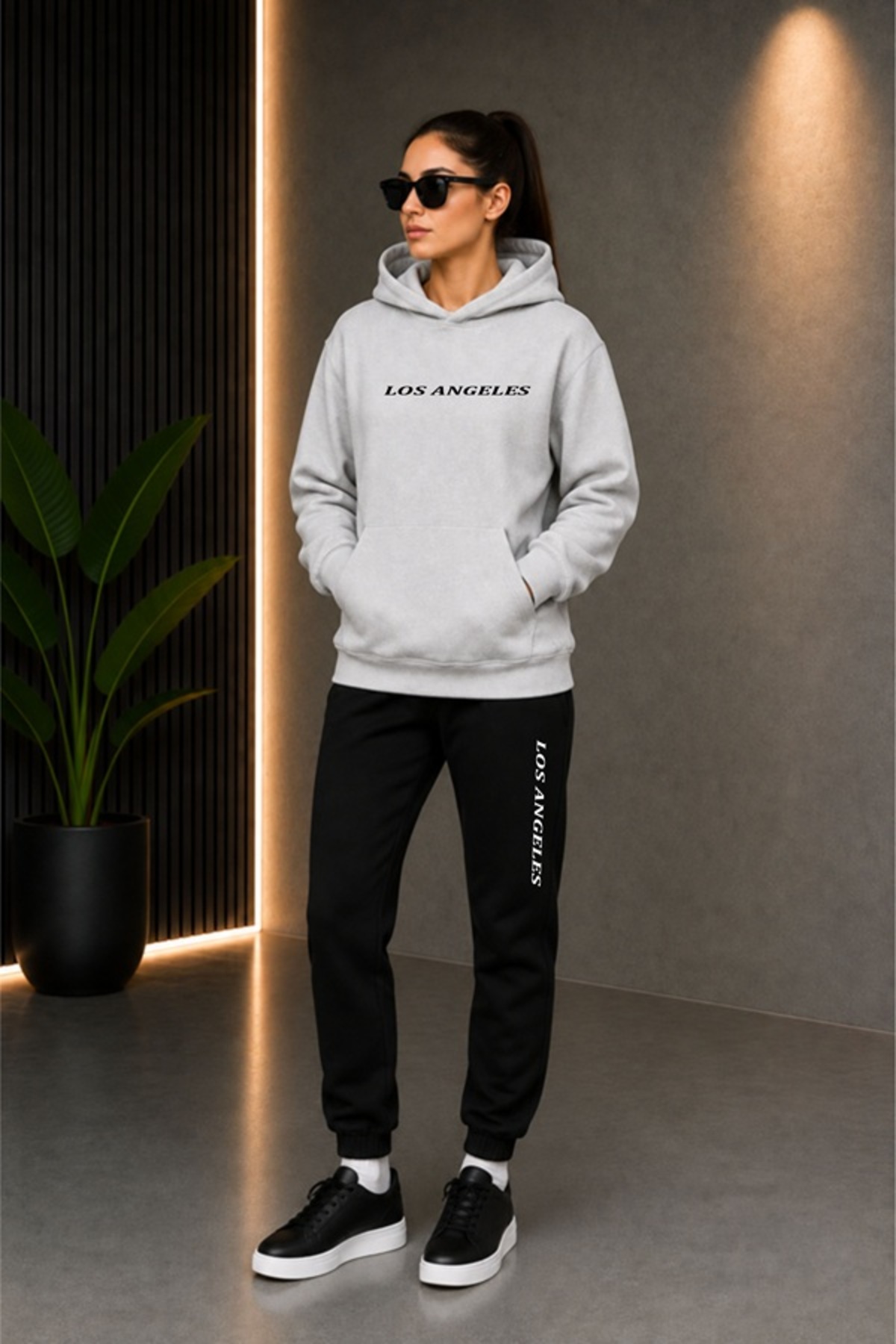 Unisex Kışlık Sweatshirt & 2 İplik Mevsimlik Eşofman Altı Takım Los Angeles Baskılı — خاکستری COMLOSK