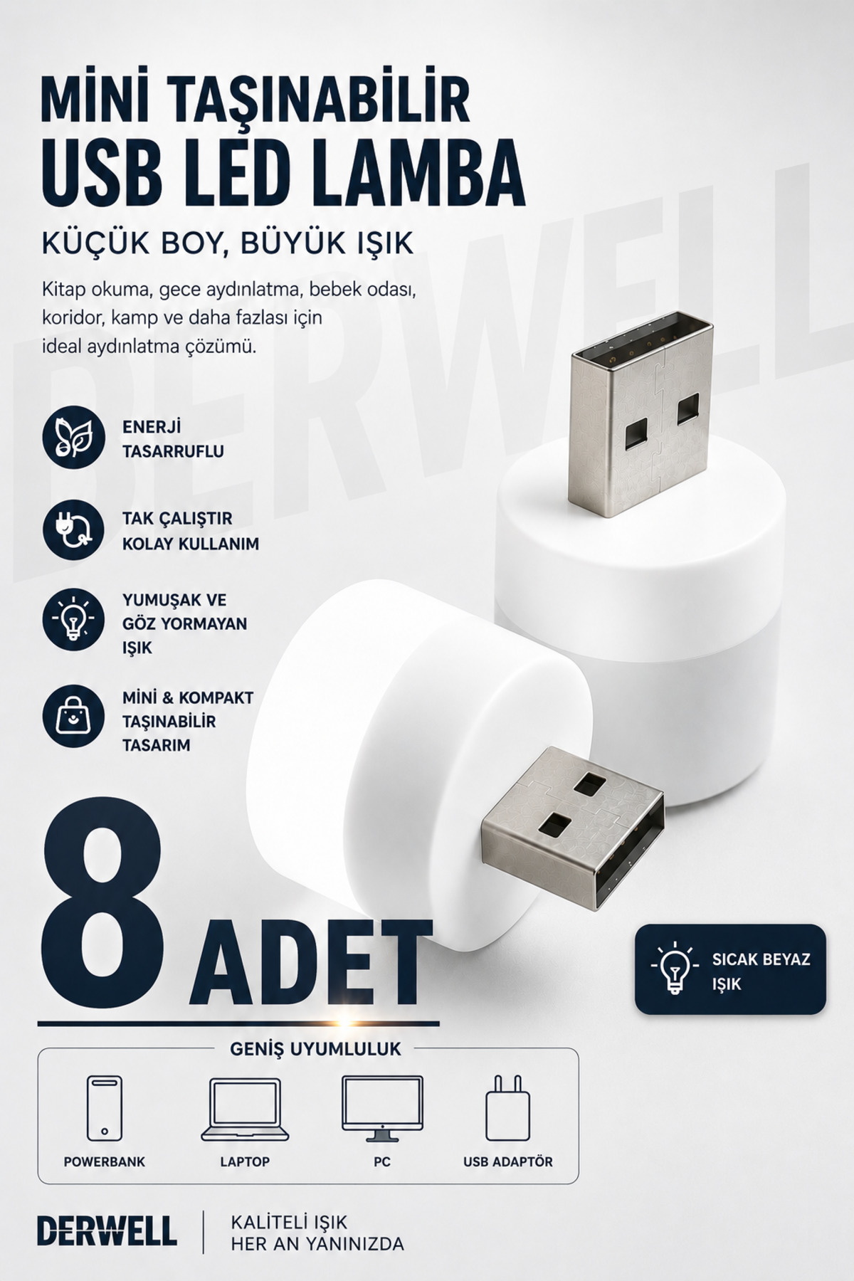 8 ADET - Bebek ve Çocuk Odaları için Mini Taşınabilir USB LED Lamba Powerbank Laptop PC Uyumlu Tak Çalıştır Mikro Gece Aydınlatma Lambası Bebek Odası Koridor Kamp Için Yuvarlak Küçük Kompakt Ampul