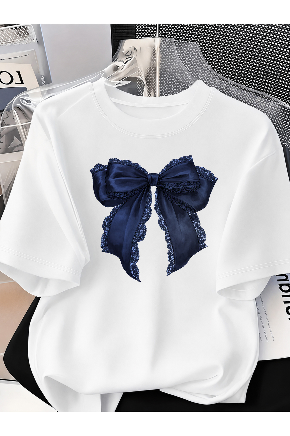 donamod Unisex Kadın/Erkek Oversize Pamuklu Bisiklet Yaka Kurdele Tasarımlı T-shirt