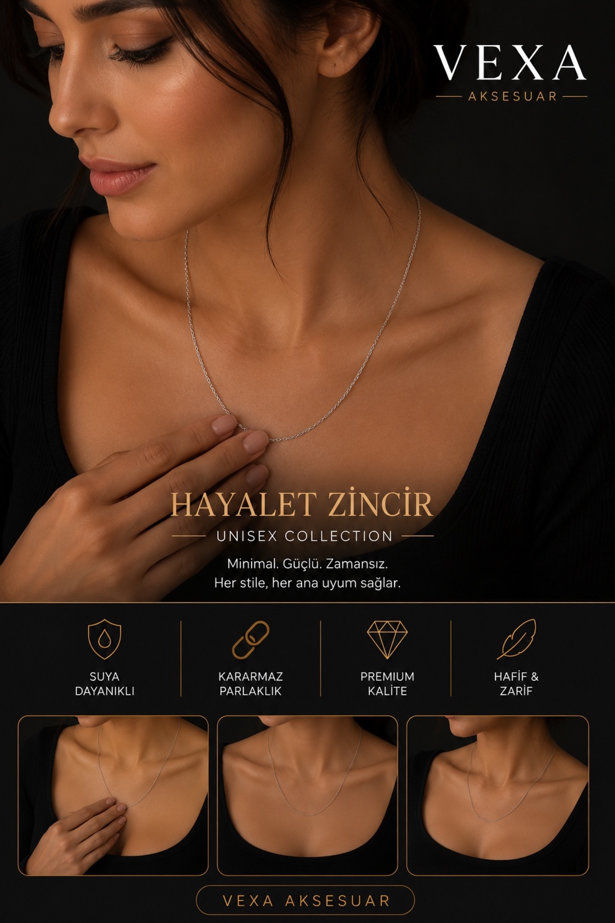 Vexa Aksesuar Hayalet Zincir 316L Kararmaz Çelik İnce Minimal Unisex Kolye Kutulu ve Hediyeli Gönderim görsel 5