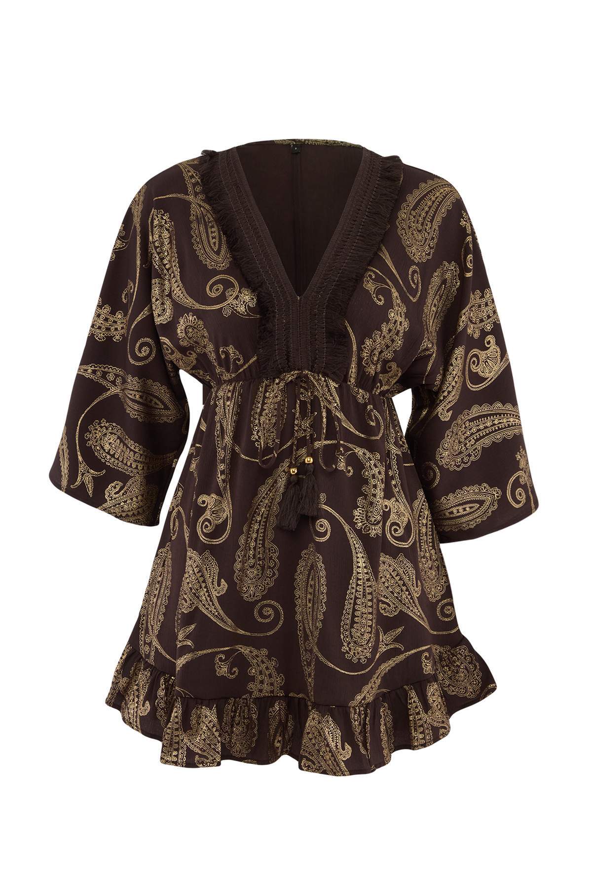 Dunkelbraunes gewebtes Mini-Strandkleid mit Schalmuster und Quasten TBESS25EL00096