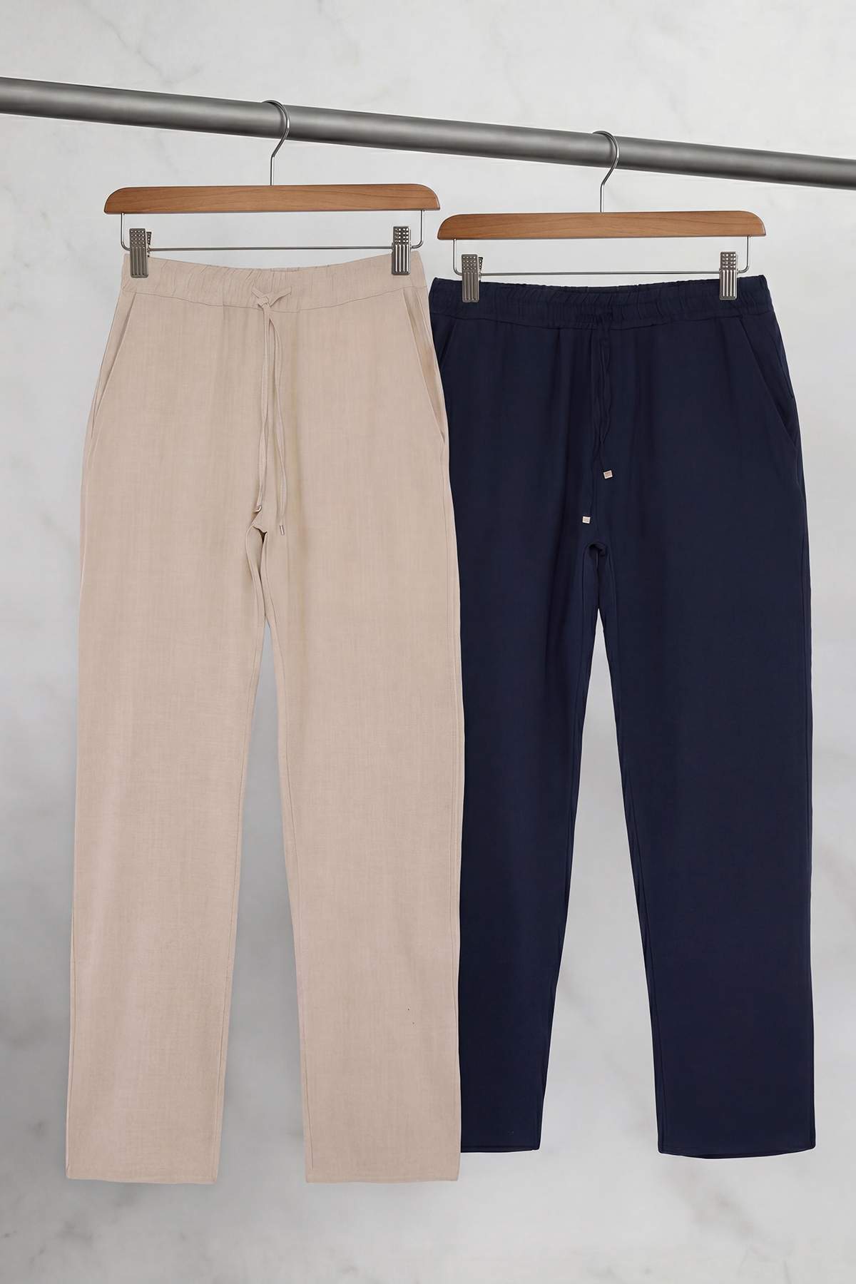 Trendyolmilla Man Lacivert-Bej İkili Paket %100 Pamuk Keten Straight Fit Erkek Pantolon TMNSS26PL00041