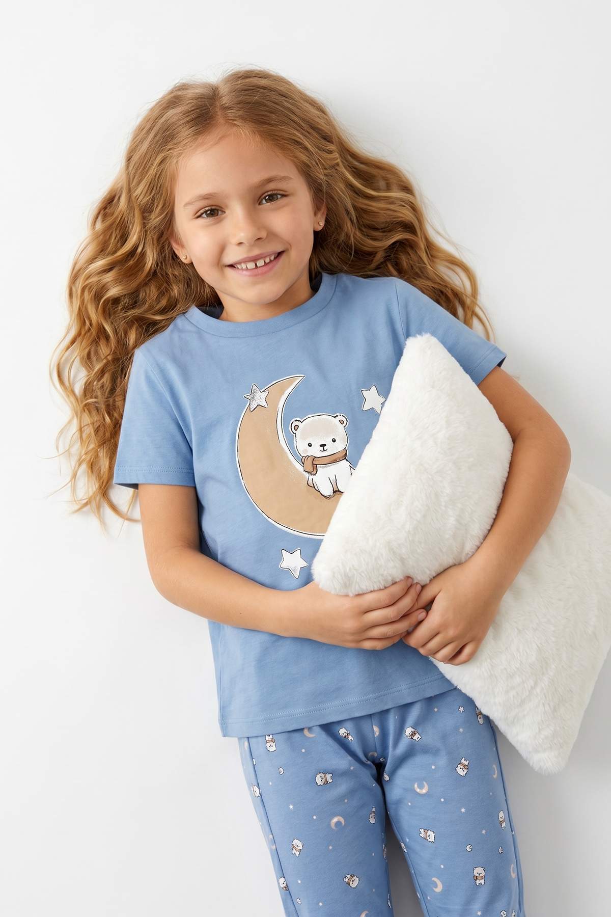 TRENDYOLKIDS Blue Floral Knitted Bottom - Top Set Tkdaw25Au00127