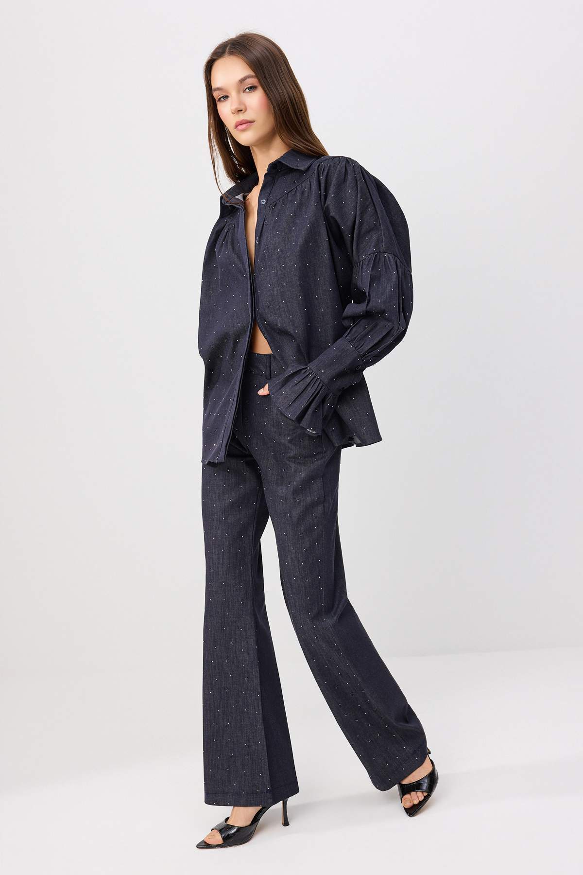 Trendyolmilla Koyu Mavi Taşlı Gömlek Pantolon Denim Alt - Üst Takım TWOSS26AU00270