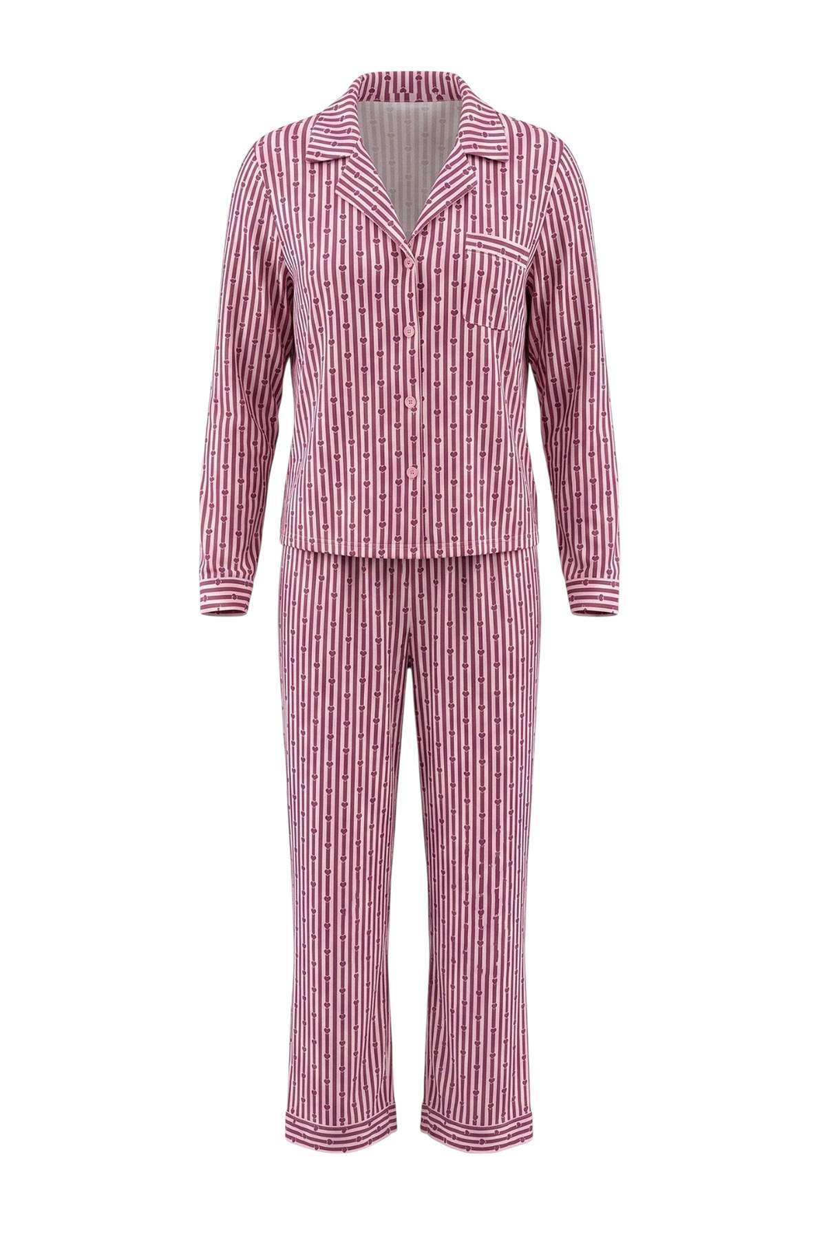 Trendyolmilla Mürdüm %100 Pamuklu Cepli Kalp ve Çizgili Örme Pijama Takımı THMAW27PT00050