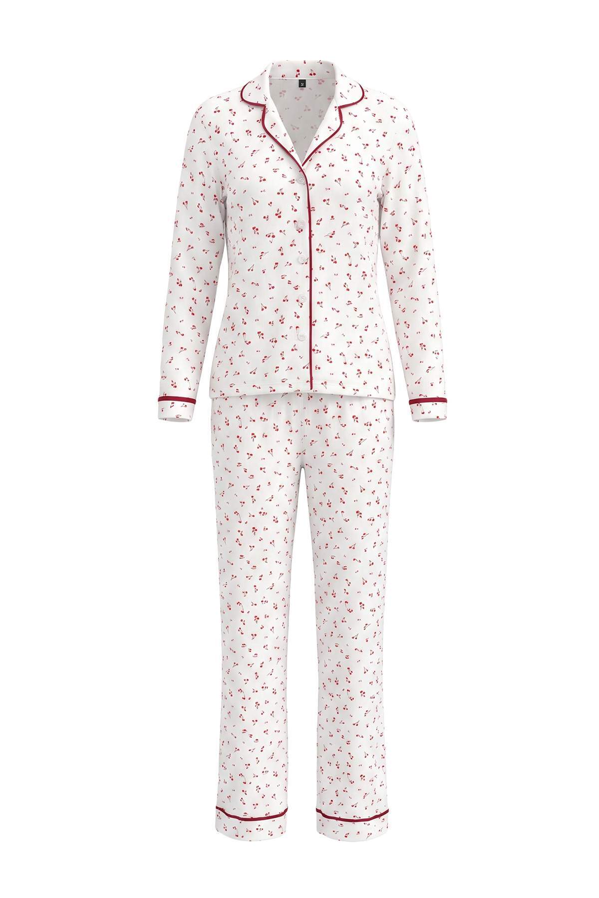 Trendyolmilla Ekru Çiçekli Biye Detaylı Yumuşak Tuşe Kışlık Fitilli Örme Pijama Takımı THMAW27PT00086