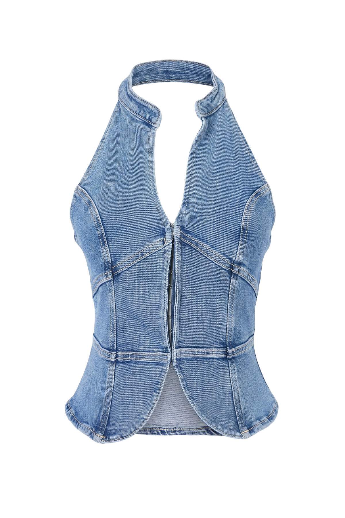Trendyolmilla Mavi Az Esnek Qipao Halter Yaka Denim Bluz TWOAW27BZ00130