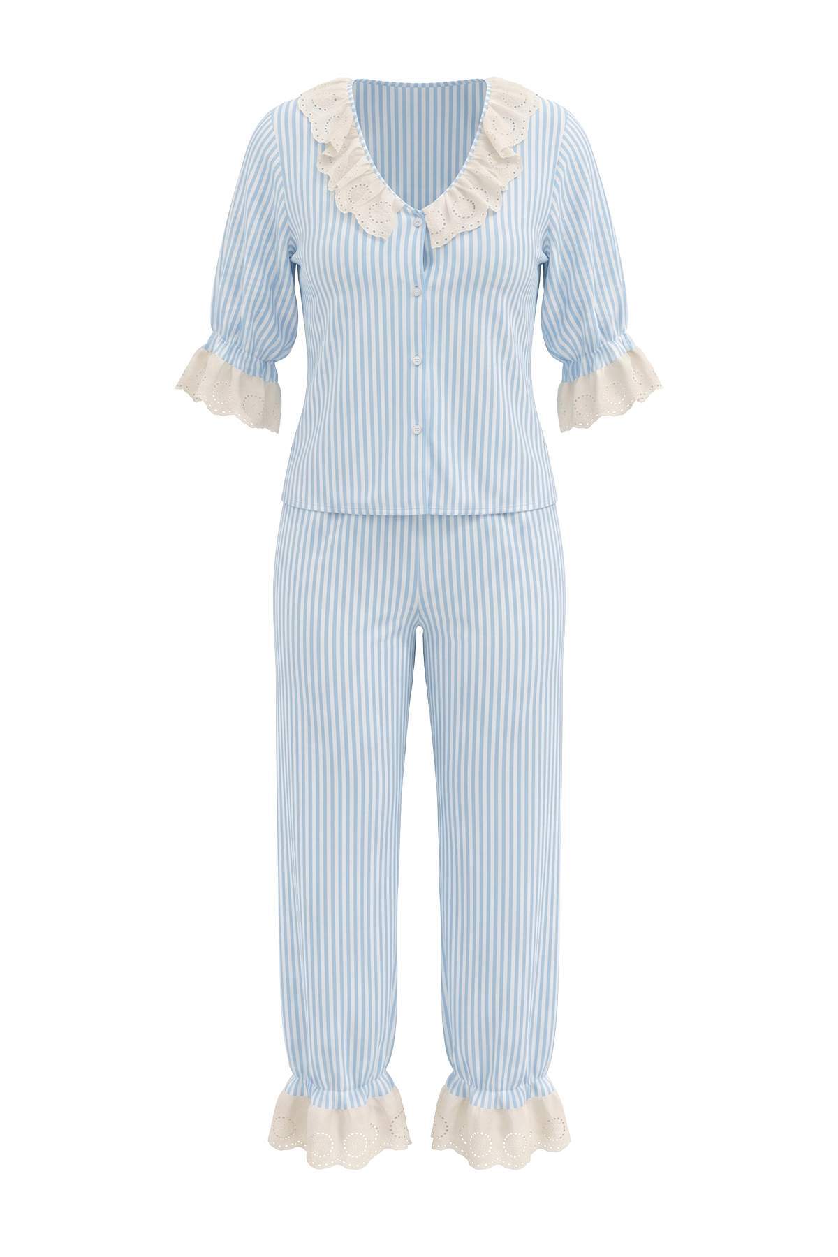 Trendyol Collection Blue Striped Shally Woven Pajama Set Thmaw27Pt00115