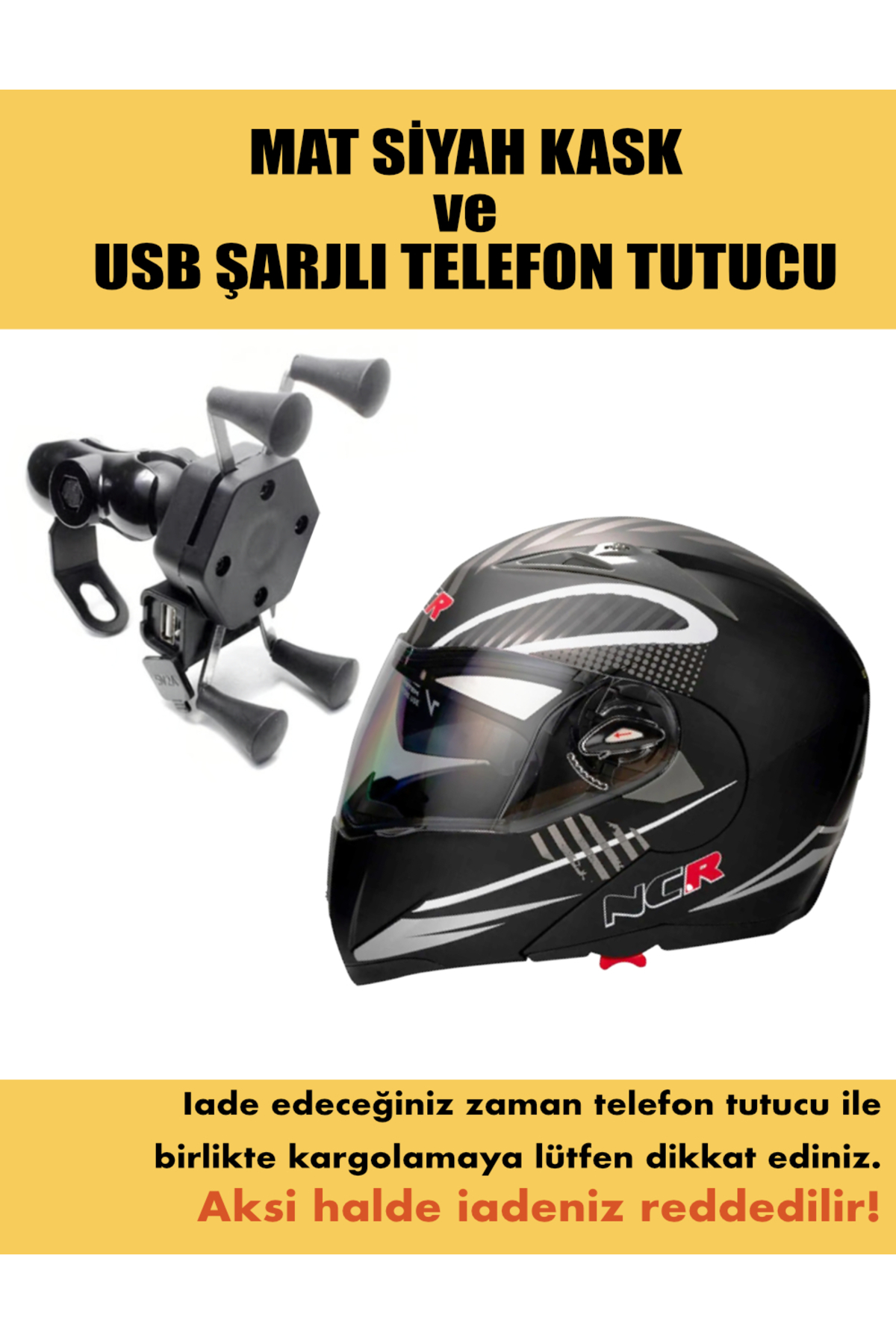 NCR ÇENE AÇILIR KASK MONSTER ve USB ŞARJLI TELEFON TUTUCU