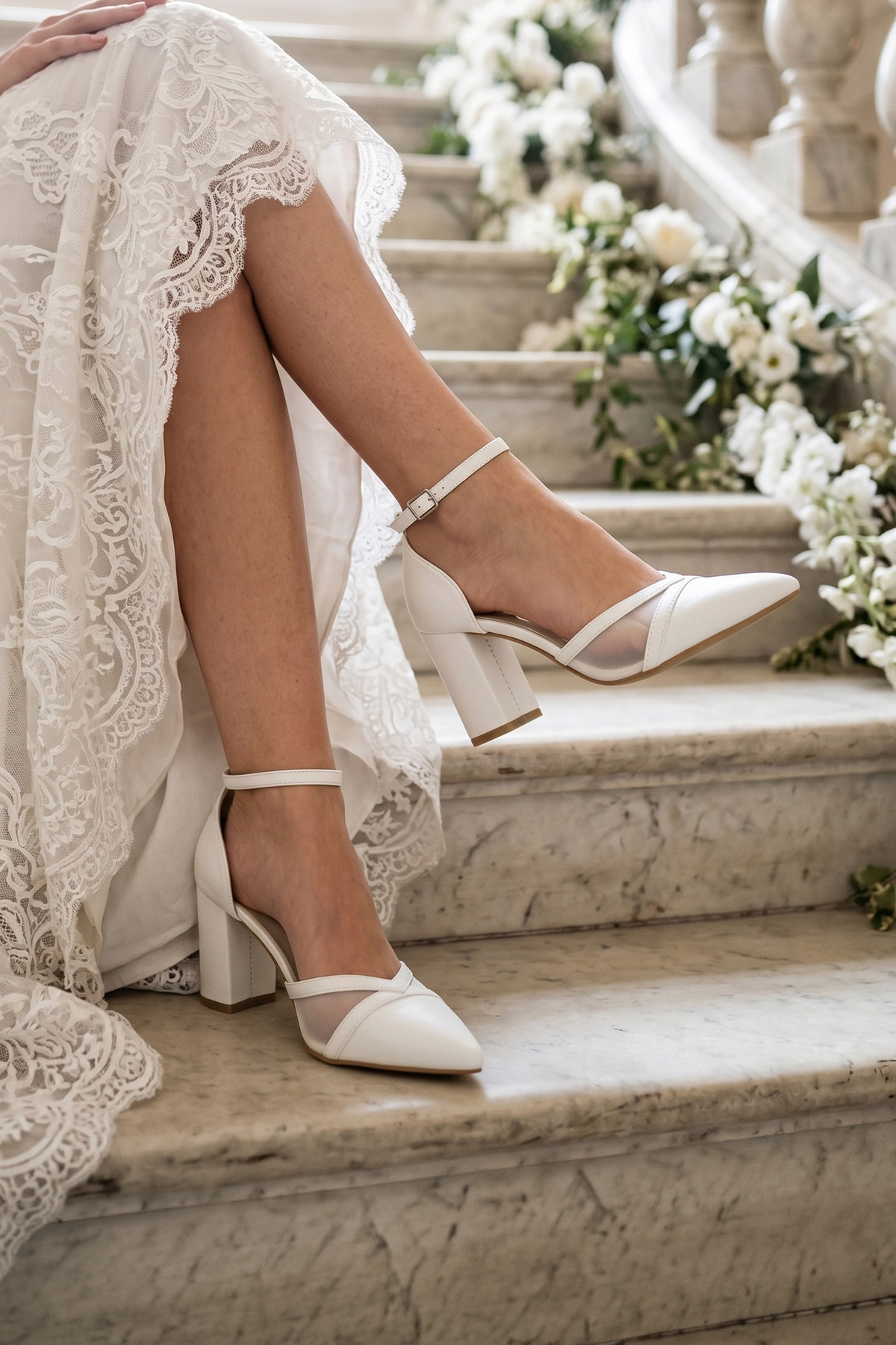 Diana Thick Heeled Shoes with White Mesh 7 Cm.