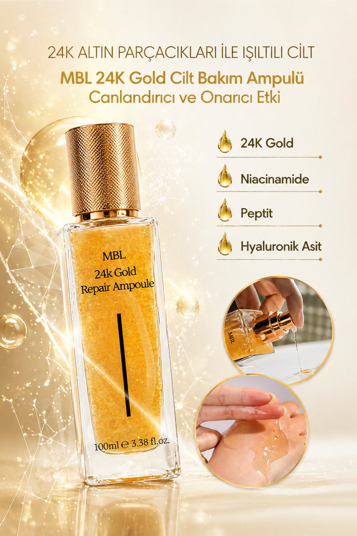 آمپول ترمیم کننده طلای 24 عیار MBL - سرم ترمیم کننده طلای 24 عیار حاوی طلا و هیالورونیک اسید 100 میلی لیتر — 8809717600679 — تصویر 2 از 5