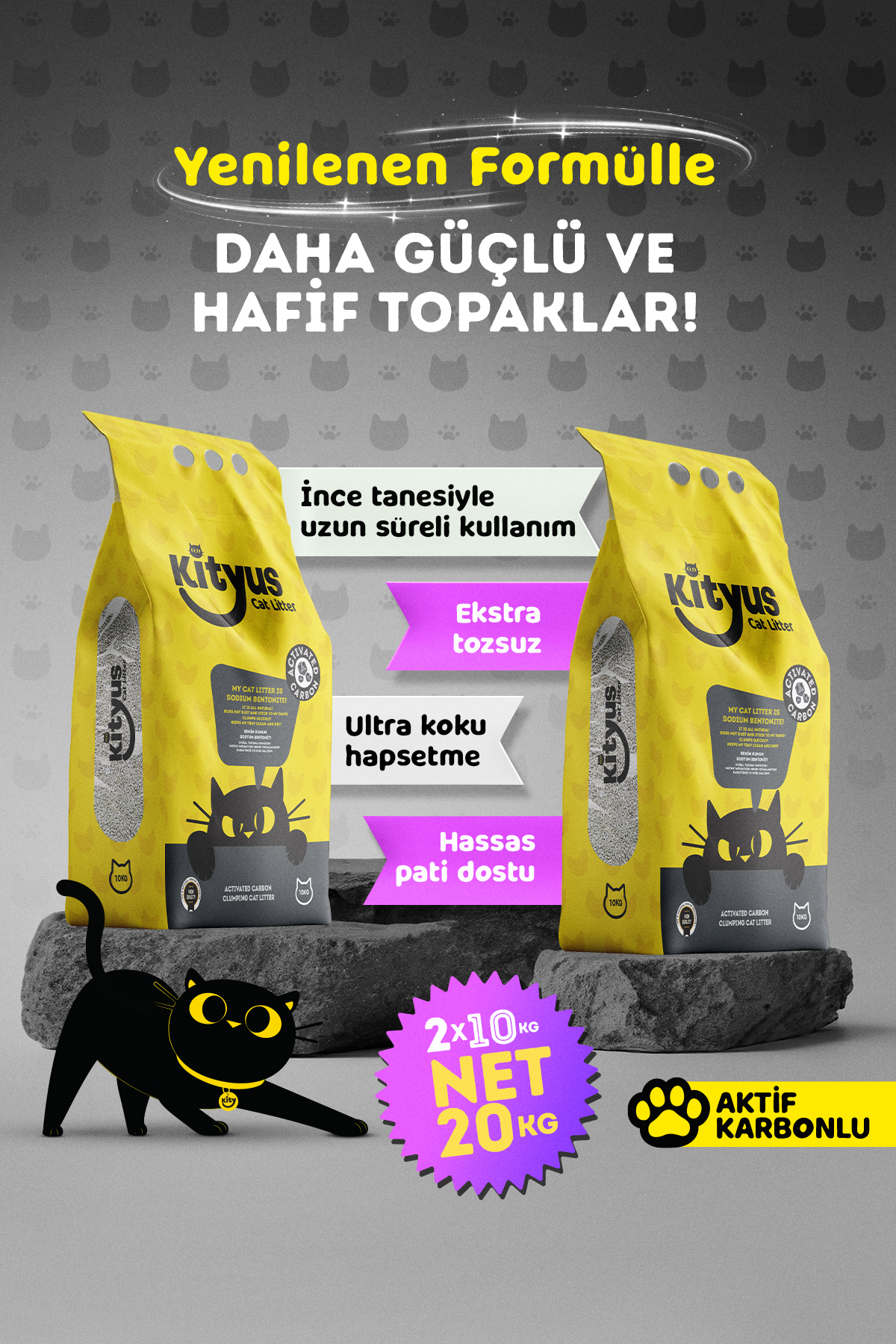 Kityus 2li Avantaj Paketi Ekstra Topaklanan, İnce Taneli, Tozsuz, Aktif Karbonlu Bentonit Kedi Kumu 2x10lt - Fiyatı, Yorumları