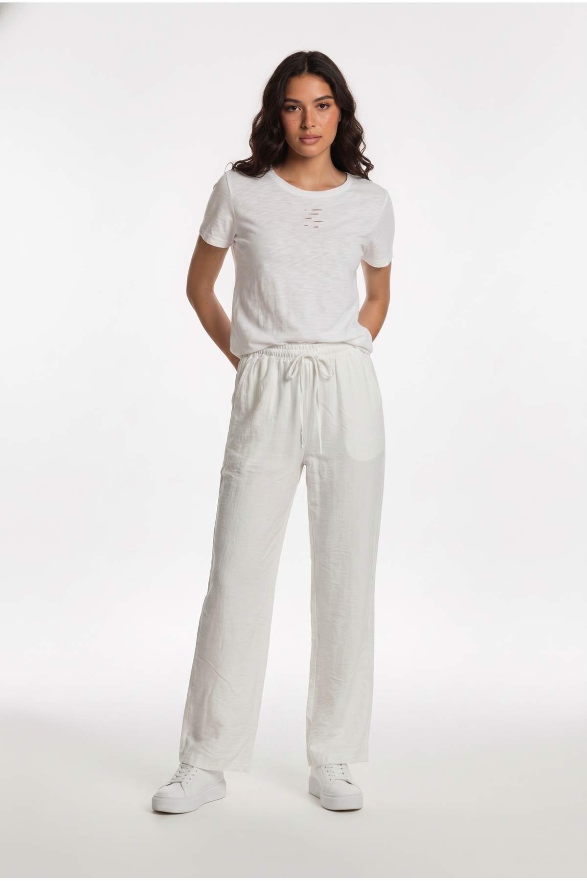 White Linen Effect Loose Fit Waistband Pants