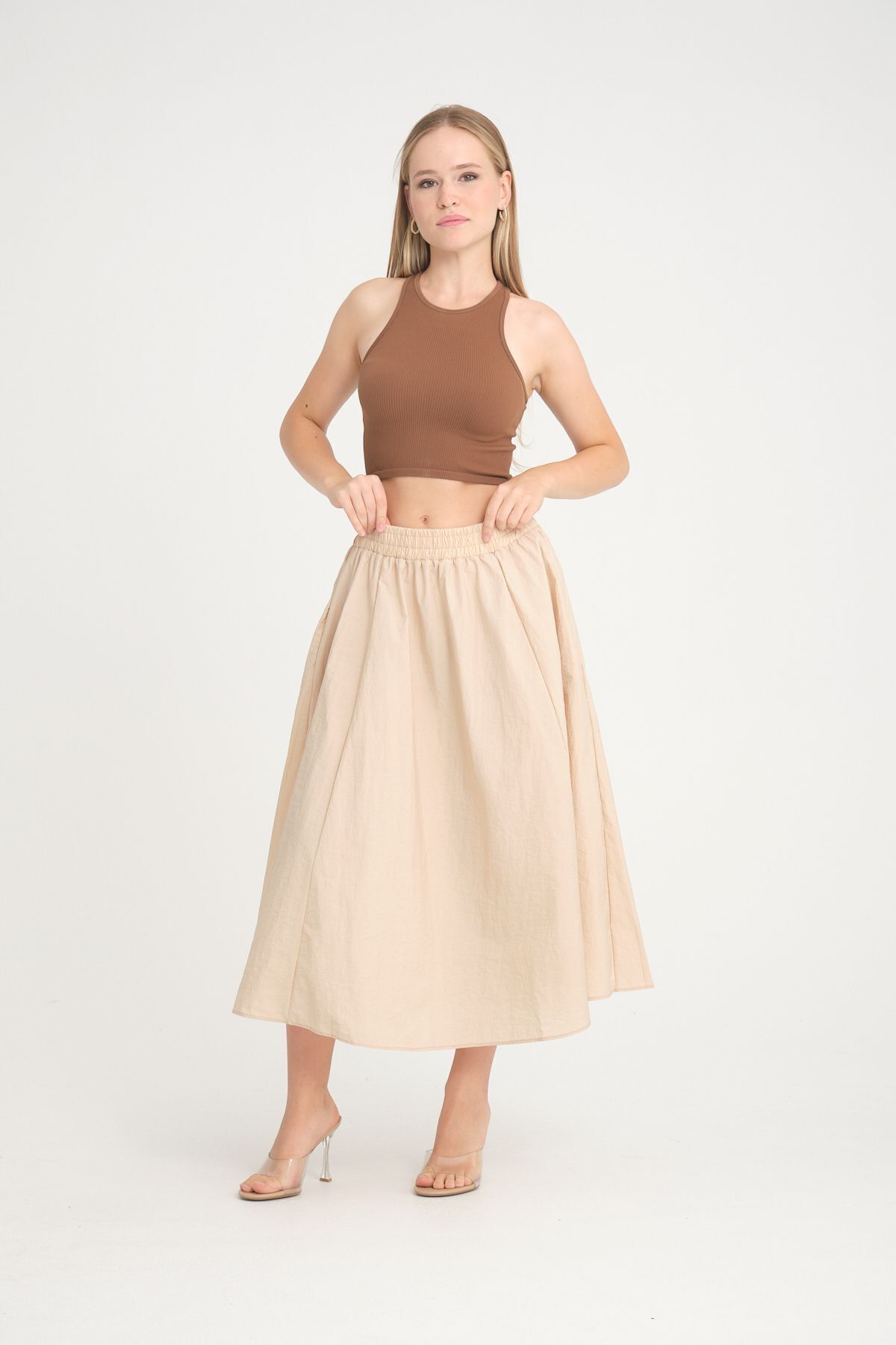 İLKCET MODA  Paraşüt Kumaş Bej Bol Kesim Kadın Etek - Görsel 2