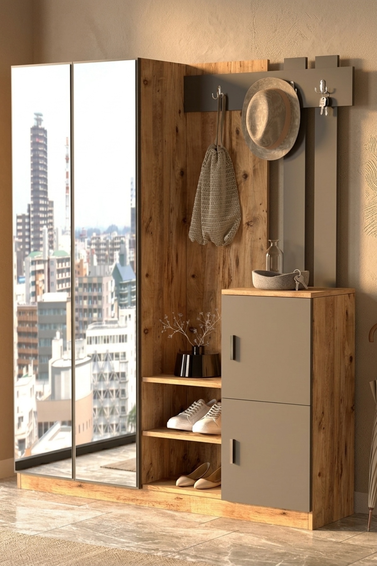 Jade Cloakroom Coat Rack with Mirror 4 Lids Pine Anthracite with Shoe Rack JAD8-AA