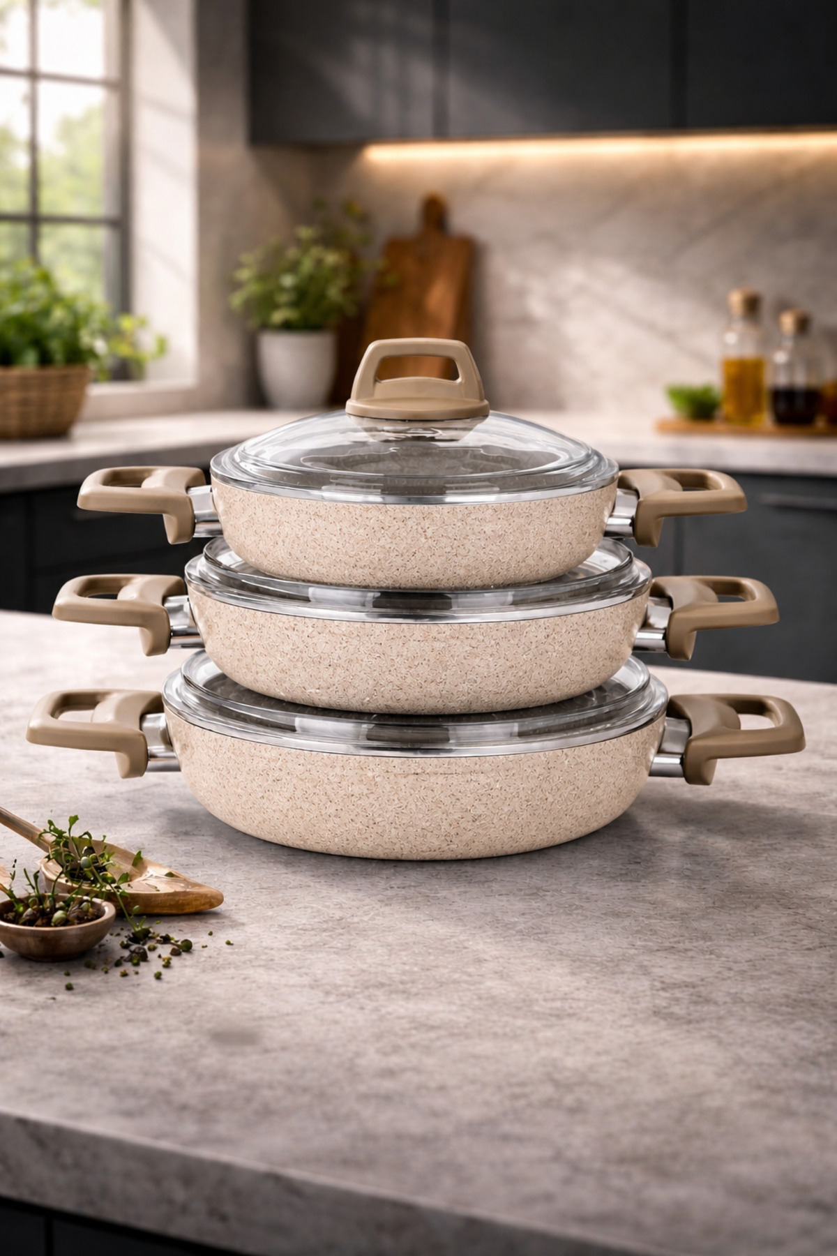 Stone 6 Piece Granite Crushed Glass Lid Shallow Frying Pan Omelette Set Gray 18/20/22 Cm Non-Stick