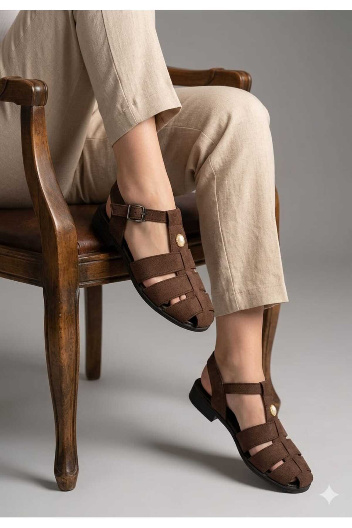 WOMEN 'S COFFEE SUEDE OPEN BACK RUBBER AND BELT ADJUSTABLE SANDALS