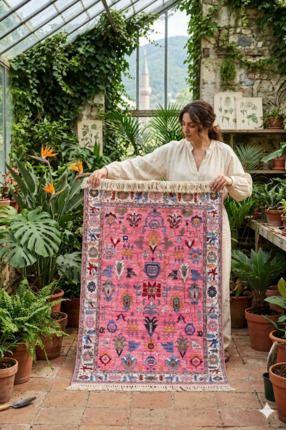 kilim home Pembe Otantik Etnik Desenli Halı - Vintage Türk Motifli Bohem Salo...