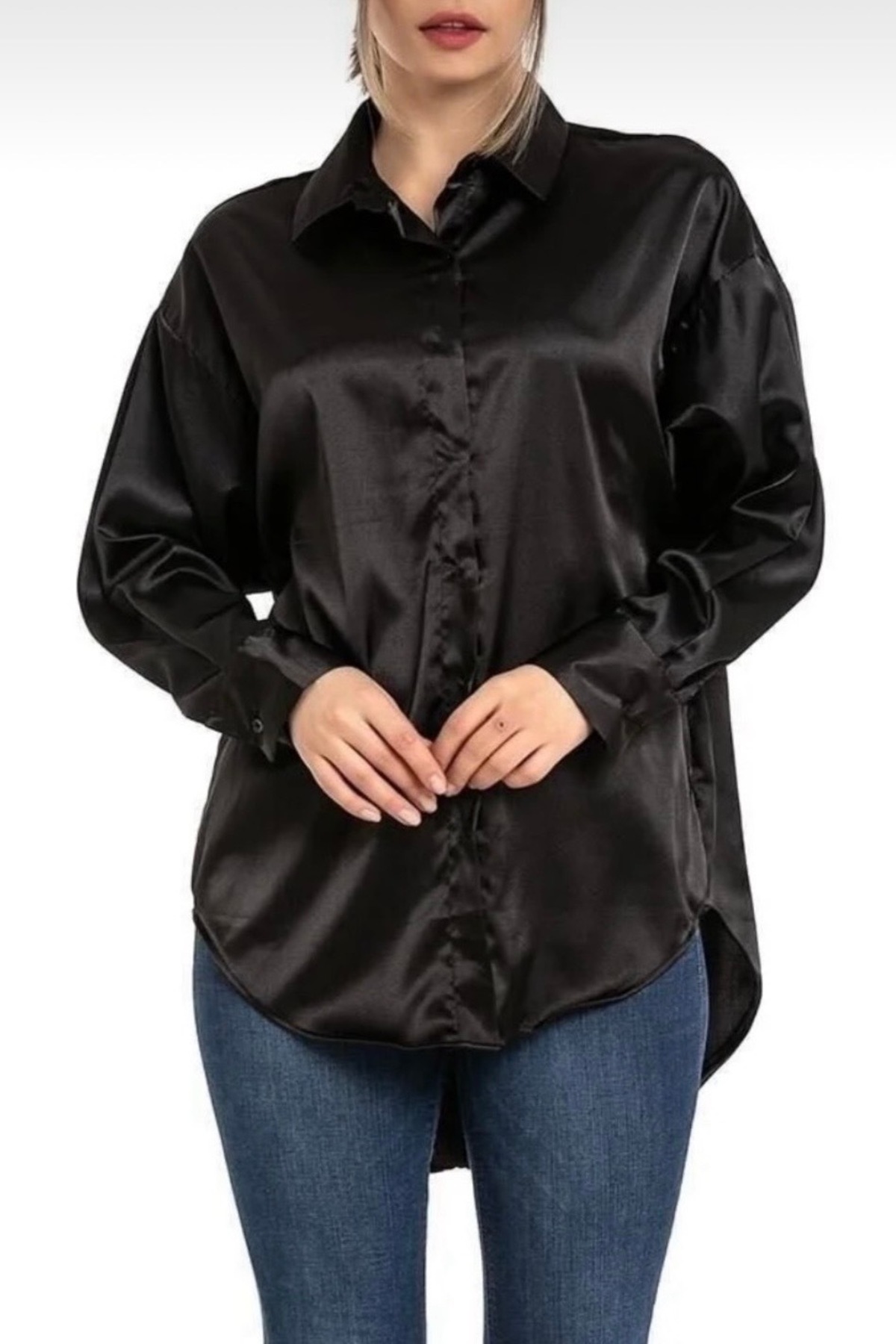 Chemise coupe loose en satin noir - EMMAS CLOTHING - Görsel 12