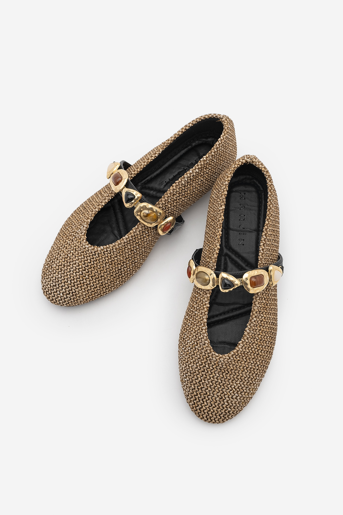 Women's Rhinestone Banded Braided Casual Flats Asora Beige Straw