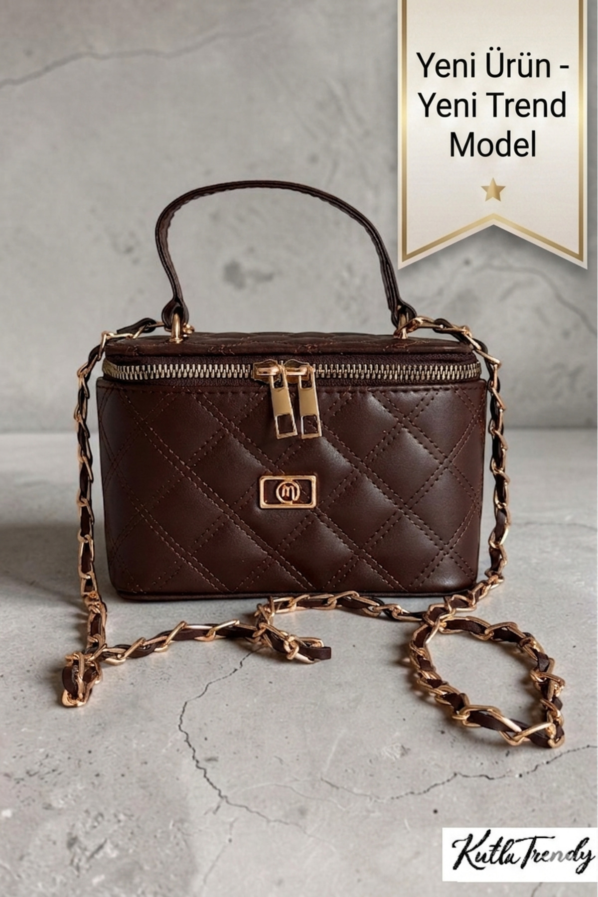 Women's Brown Mini Box, Quilted Patterned Chain Strap Crossbody and Handbag