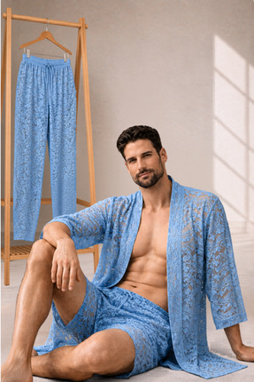 QMEN STYLE Erkek Güpür Dantel Kimono Takımı – 3’lü Dantel Set (Bornoz + Panto...