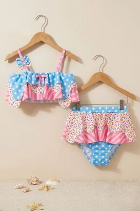 zuzunga Fırfırlı Kız Çocuk Renkli Şeker Desenli Bikini Takımı