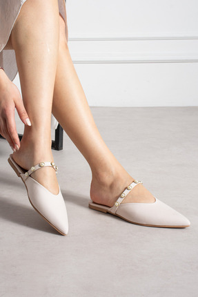 LORENN SHOES Pearl Bej Mat Saten İnci Detaylı Kadın Terlik