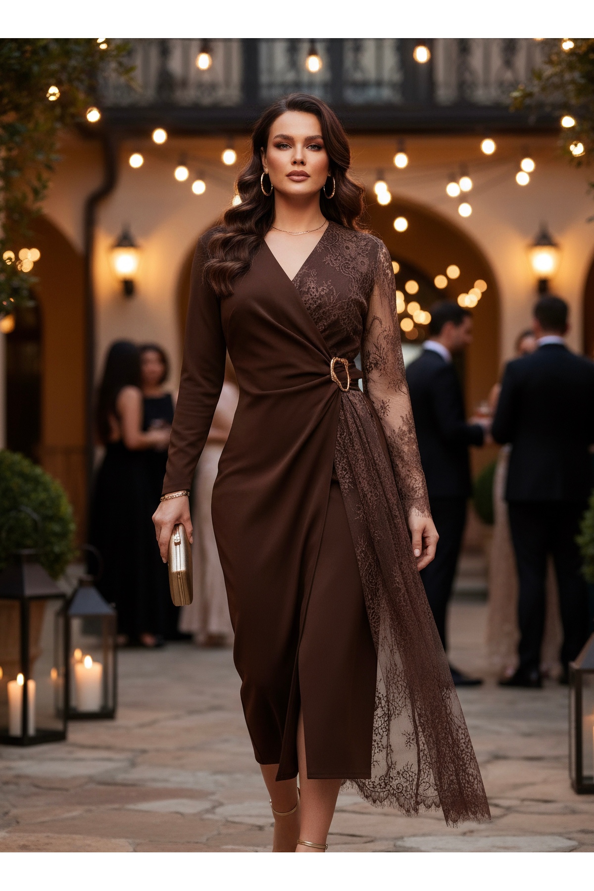 Imported Crepe & Lace Fabric Buckle Detailed Lined Special Design Maxi Dress