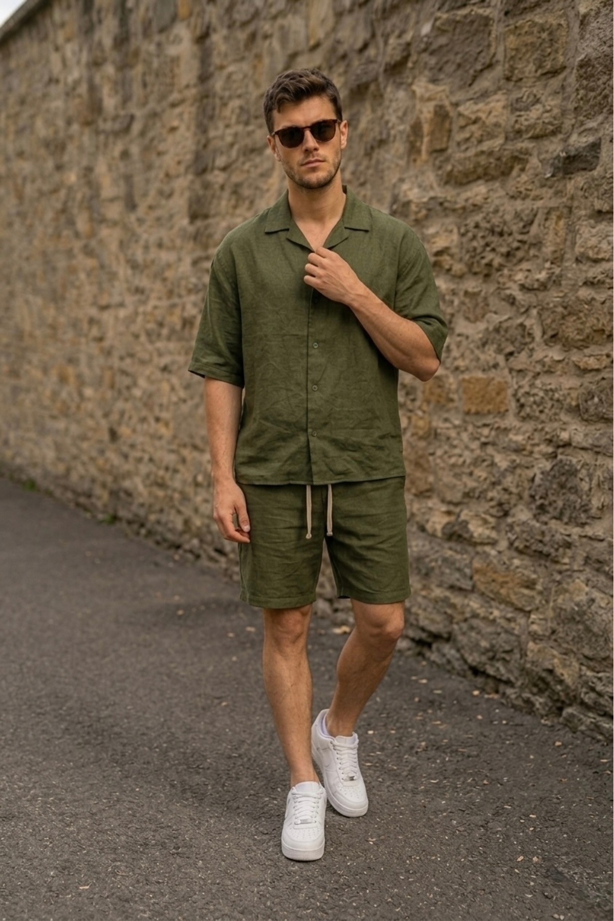 Men's Cotton Linen Shirt Shorts Set Khaki