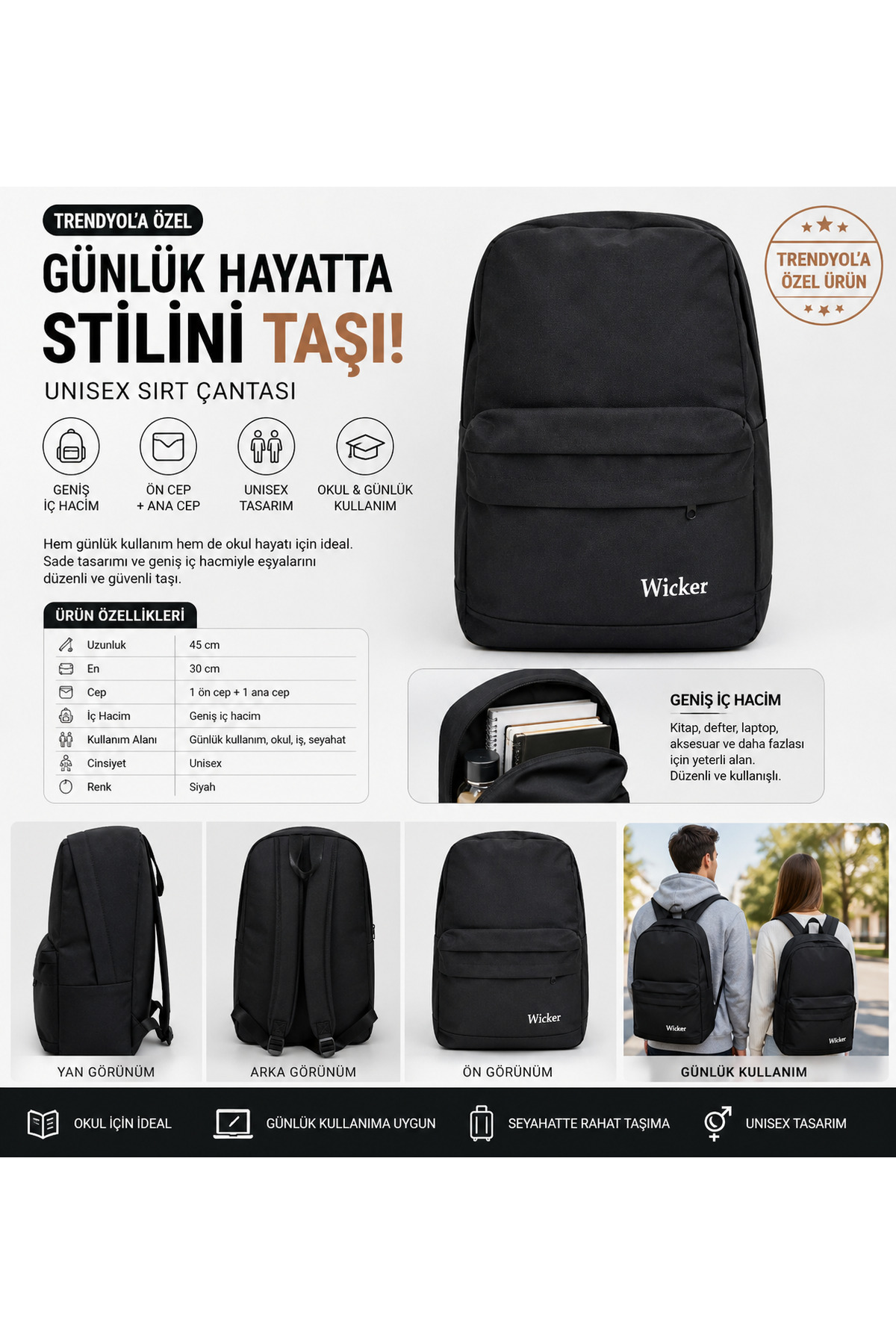 Wickerbag Wicker siyah sırt çantası görsel 4