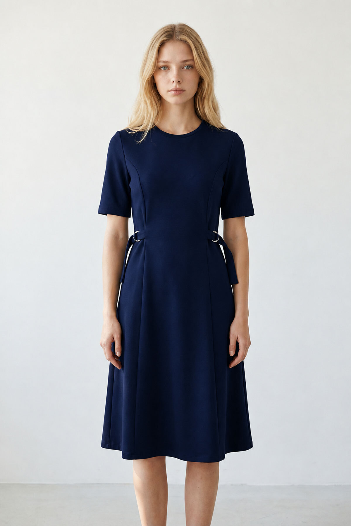 Modal Fabric Dress with Navy Blue Buckle