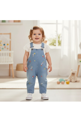 ALTINTAŞ BABY Renkli Çiçek Nakışlı Kot Görünümlü Örme Kumaş Yazlık T-shirt 2l...
