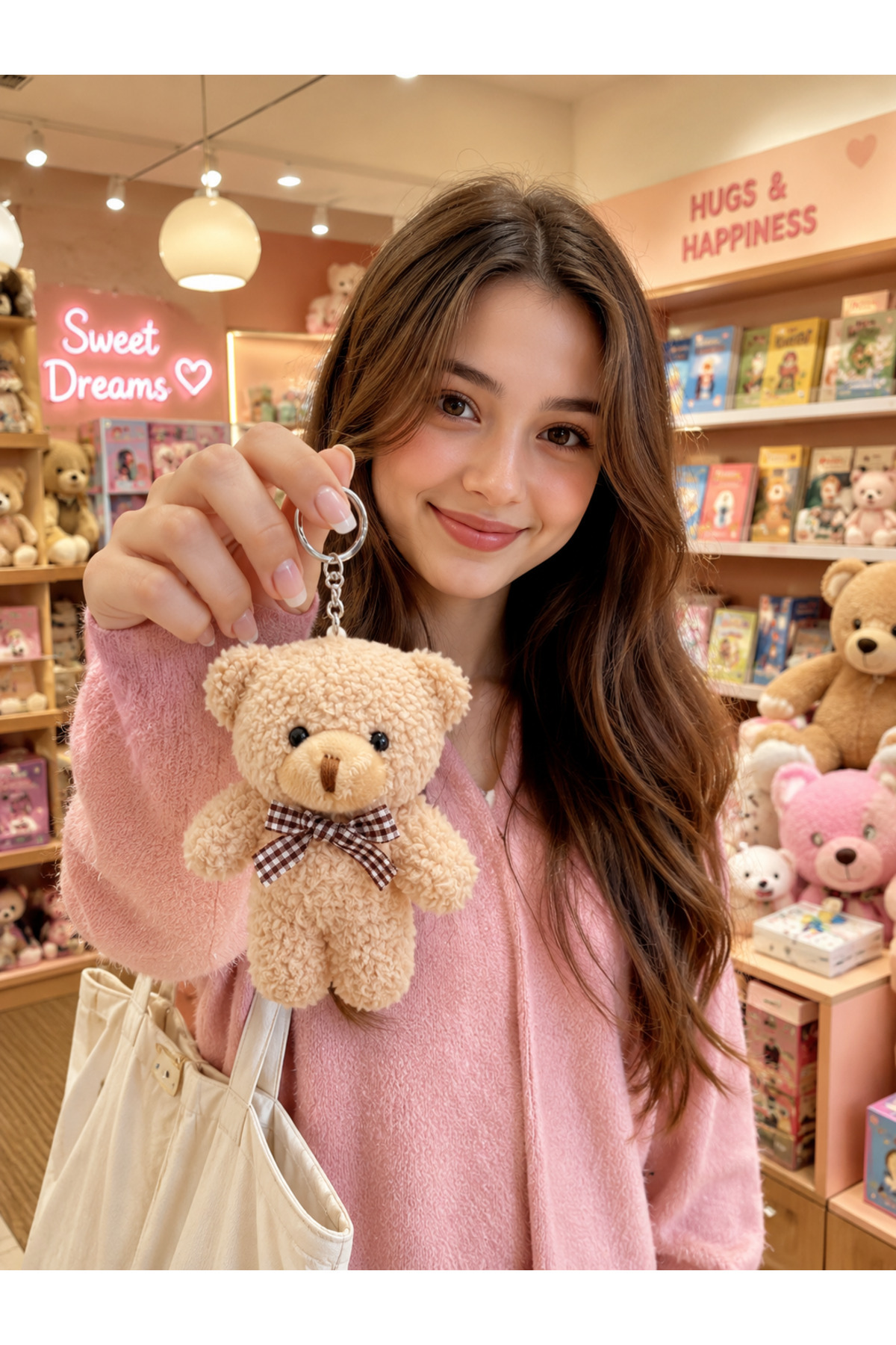 Soft Shaggy Teddy Bear Keychain with Plaid Bow - Beige Gift