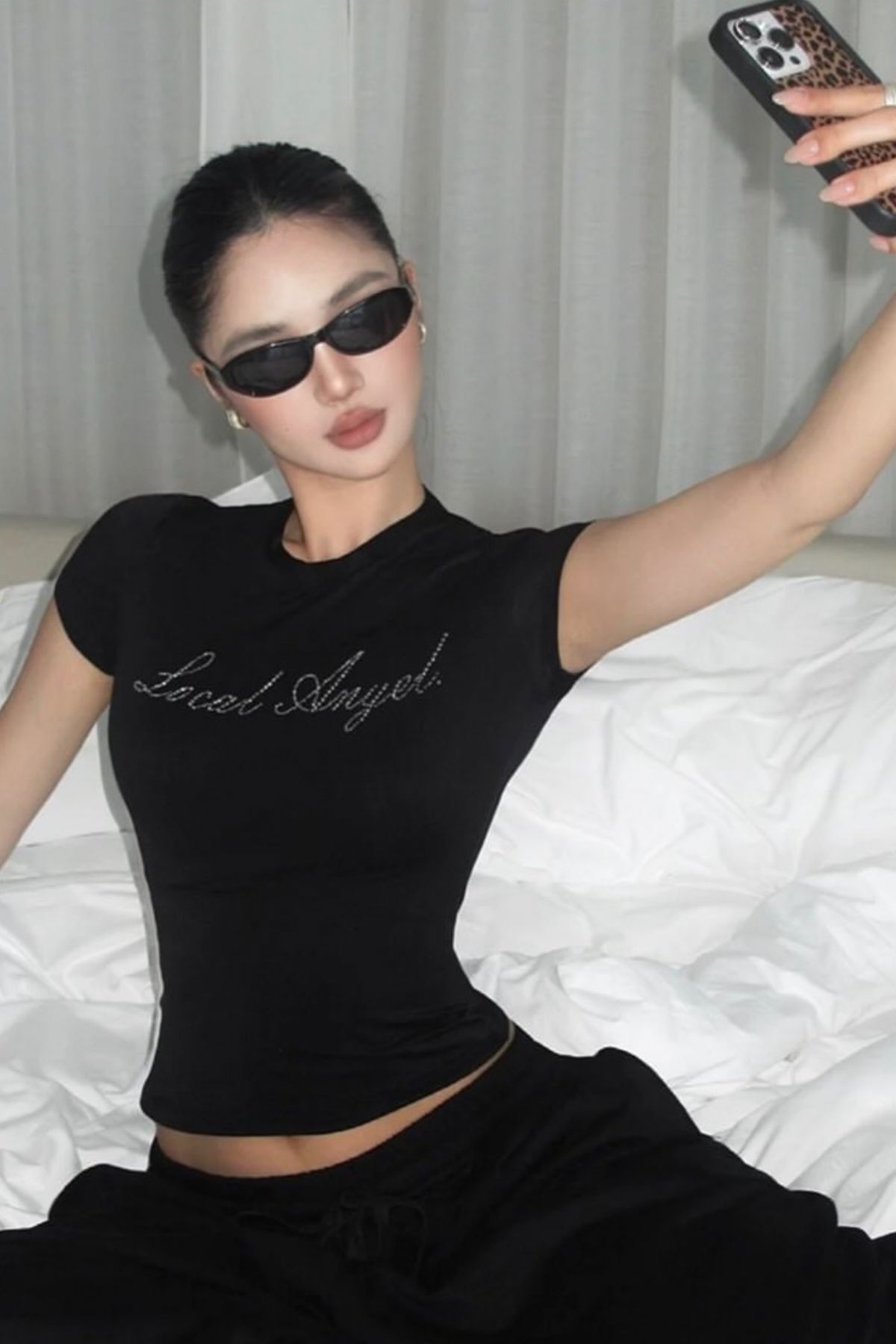 QUKA Local Angel Taş Baskılı Bisiklet Yaka Kısa Kollu Tshirt görsel 6