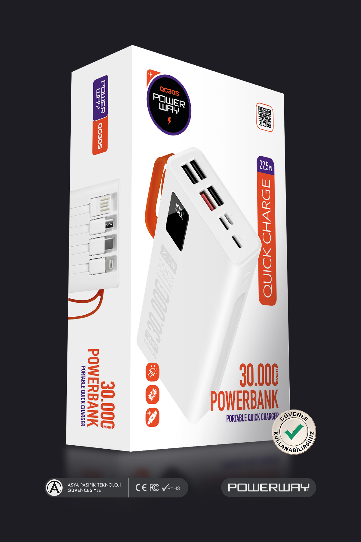30.000 mAh Pd 22.5W Internal Wired Fast Charging Led Lantern Real 30.000 mAh QC30S White Powerbank