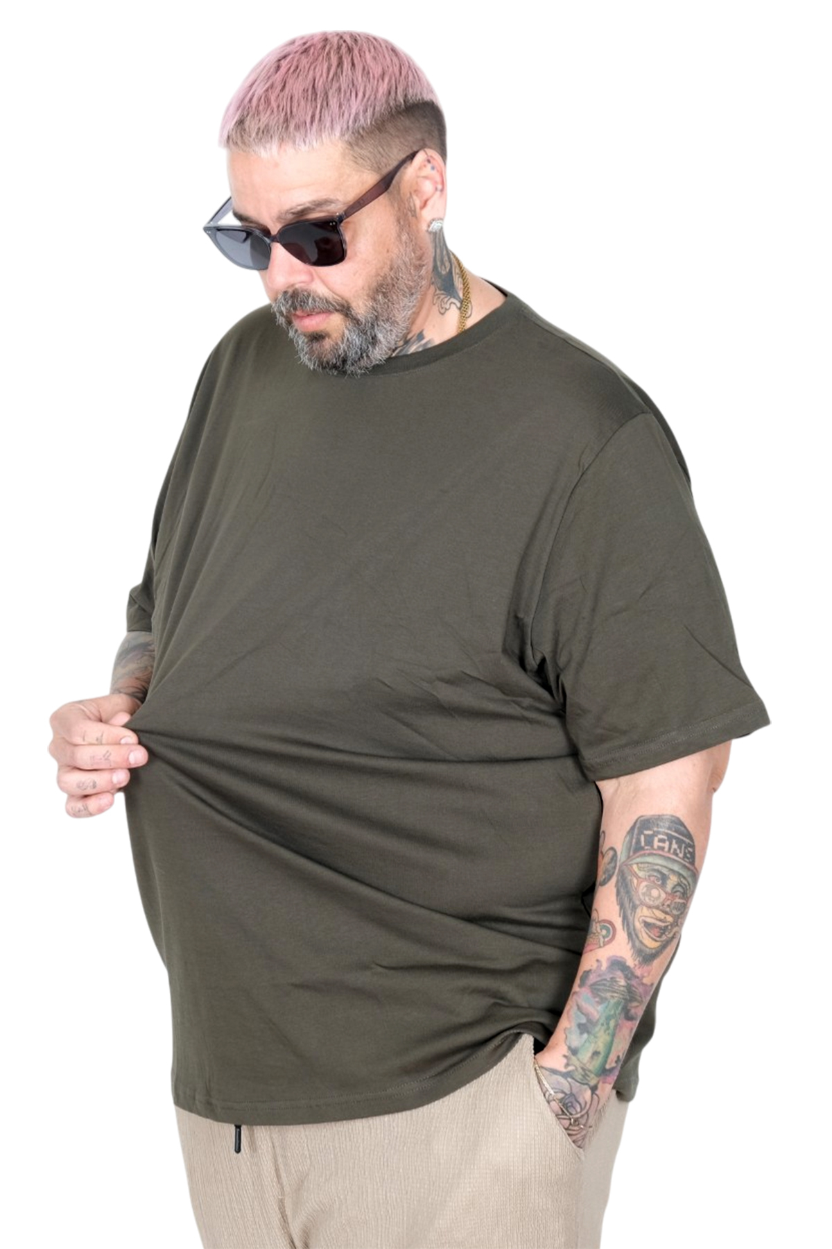 ModeXL Mode XL Büyük Beden Unisex Tshirt Bisiklet Yaka Basic 20031 Haki görsel 3