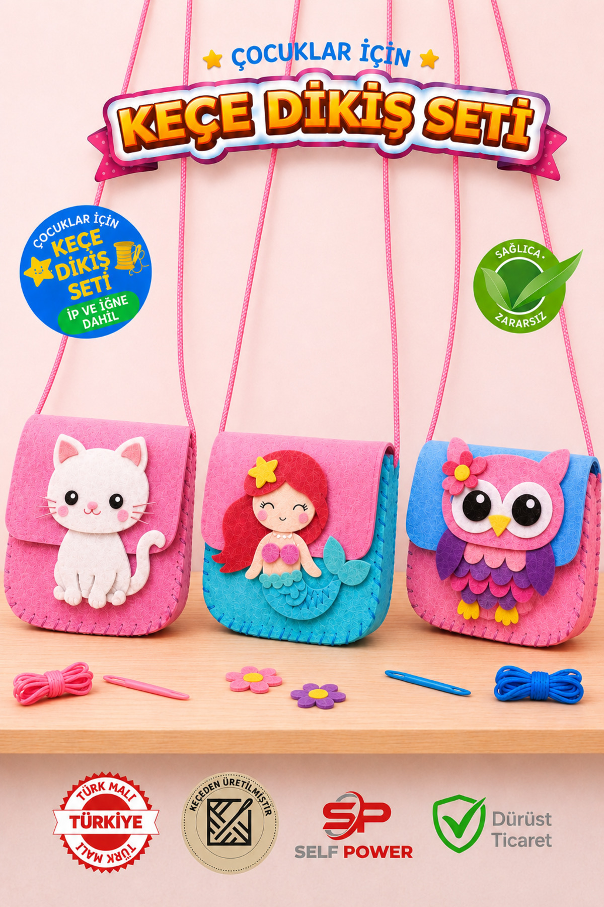 3pcs Educational Felt Sewing Bag Set – Kids Dexterity Enhancer DIY Bag Making Kit